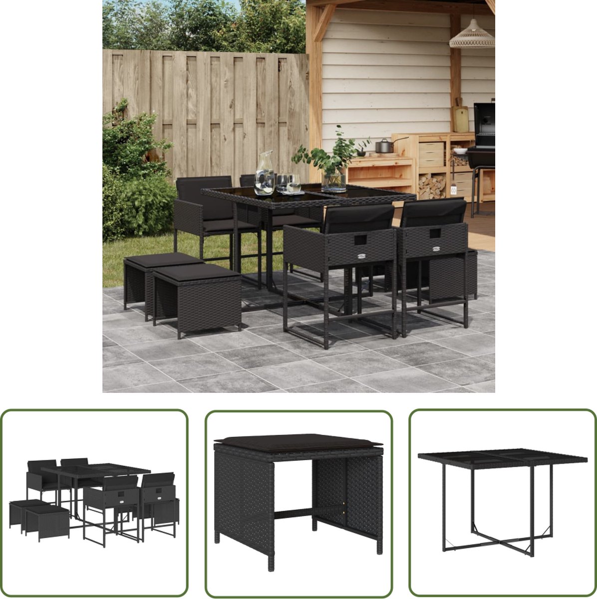 The Living Store 9-delige Tuinset poly rattan zwart - Tuinset - PE-rattan - Buitendecoratie - Lounge Set - Eetkamerset