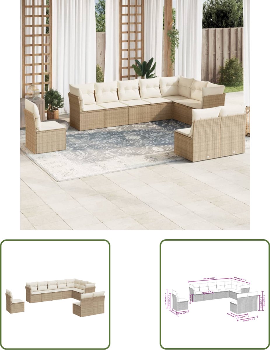 The Living Store 10-delige Loungeset met kussens poly rattan beige - Loungeset - Tuinset - Lounge Set - Buitendecoratie - Tuinmeubels