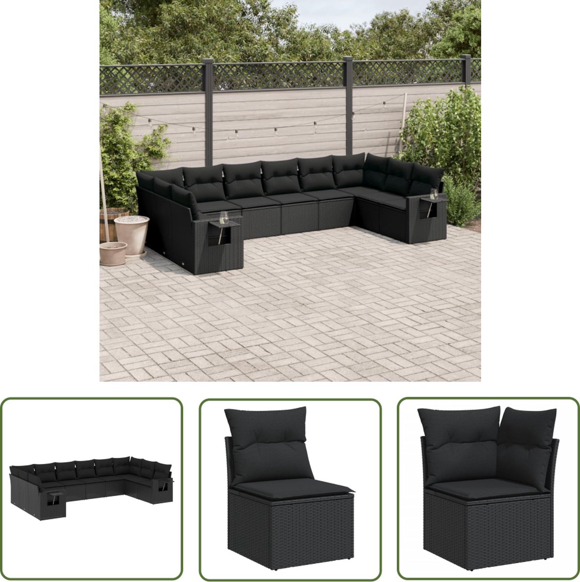 The Living Store 10-delige Loungeset met kussens poly rattan zwart - Loungeset - Tuinset - Lounge - Outdoor Furniture - Garden Furniture