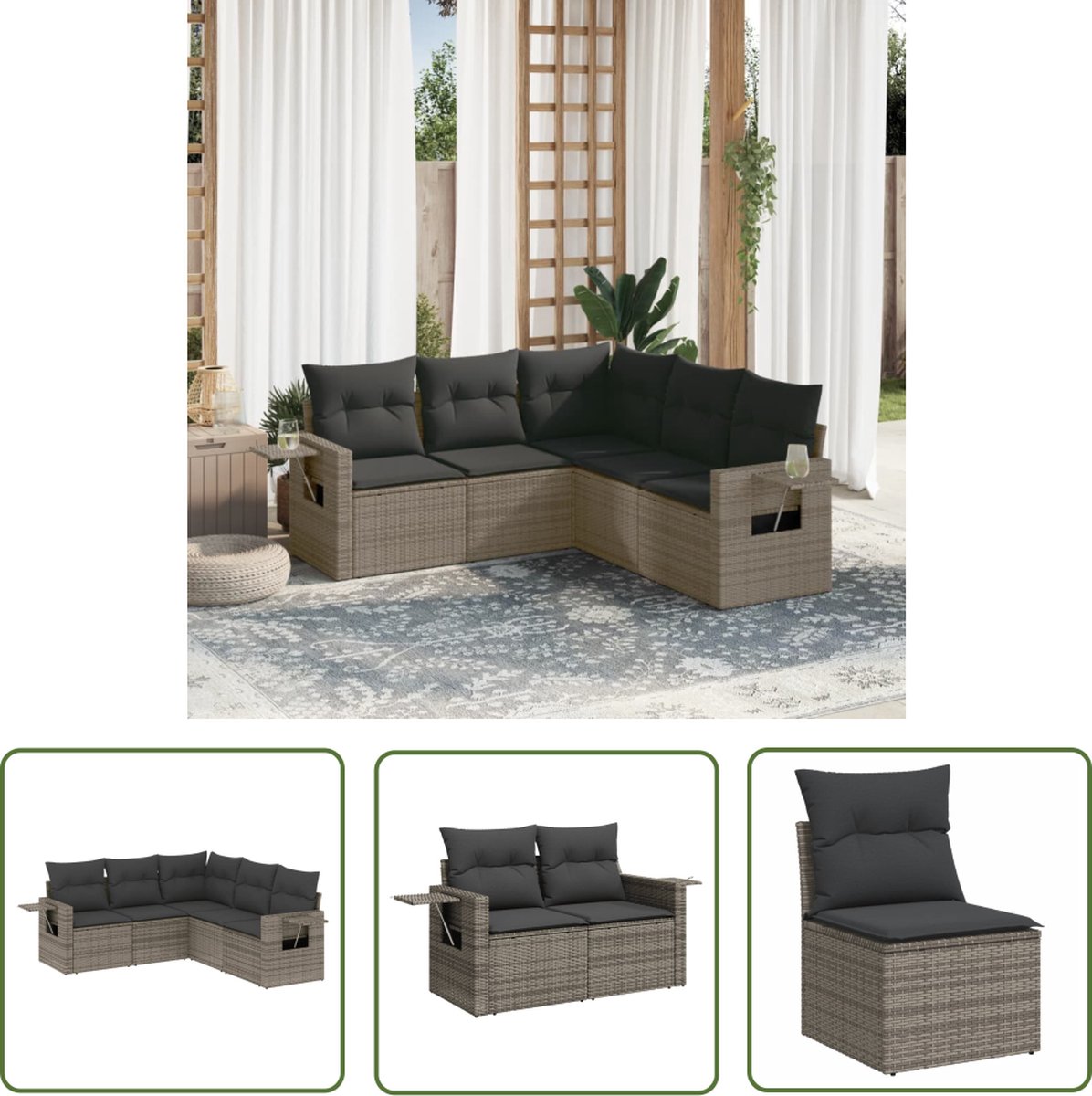The Living Store 5-delige Loungeset met kussens poly rattan grijs - Loungeset - Tuinset - Buitendecoratie - Tuinmeubelen - Lounge Set