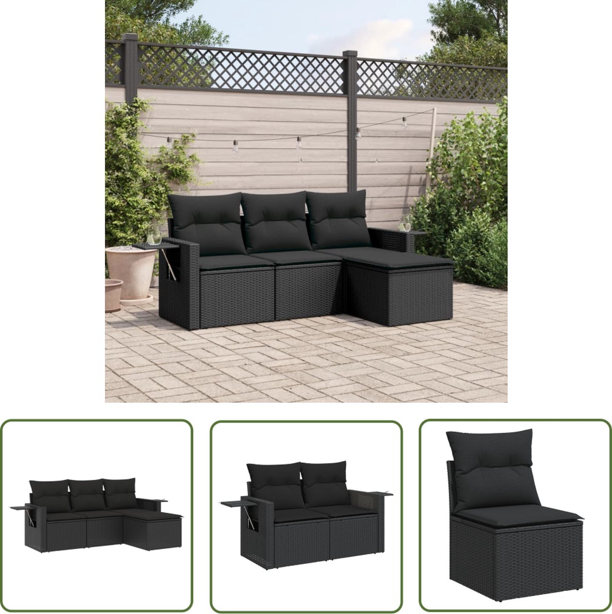 The Living Store 4-delige Loungeset met kussens poly rattan zwart - Loungeset - Tuinset - Lounge Set - PE Rattan - Buitendecoratie