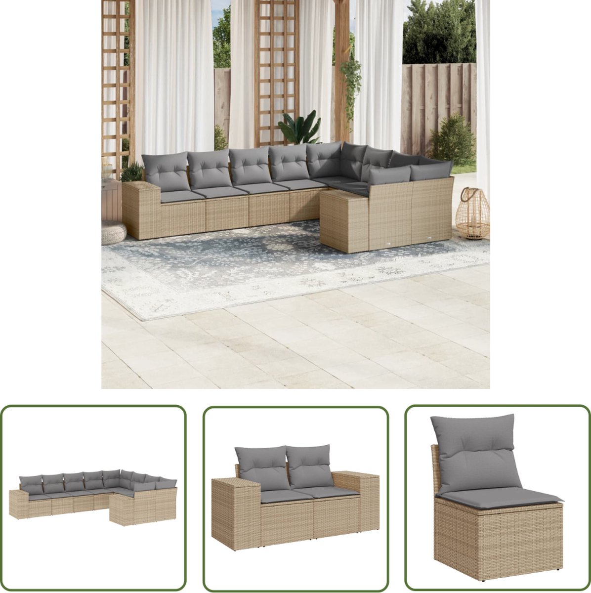 The Living Store 9-delige Loungeset met kussens poly rattan beige - Loungeset - Tuinset - Buitenmeubels - Lounge Set - Ratan Meubel