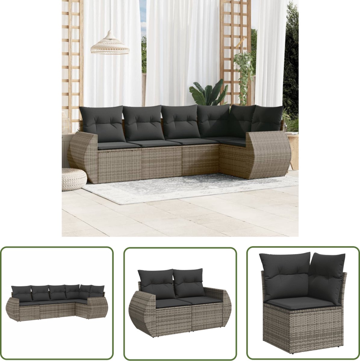 The Living Store 5-delige Loungeset met kussens poly rattan grijs - Loungeset - Tuinset - Lounge - Outdoor Furniture - PE-rattan