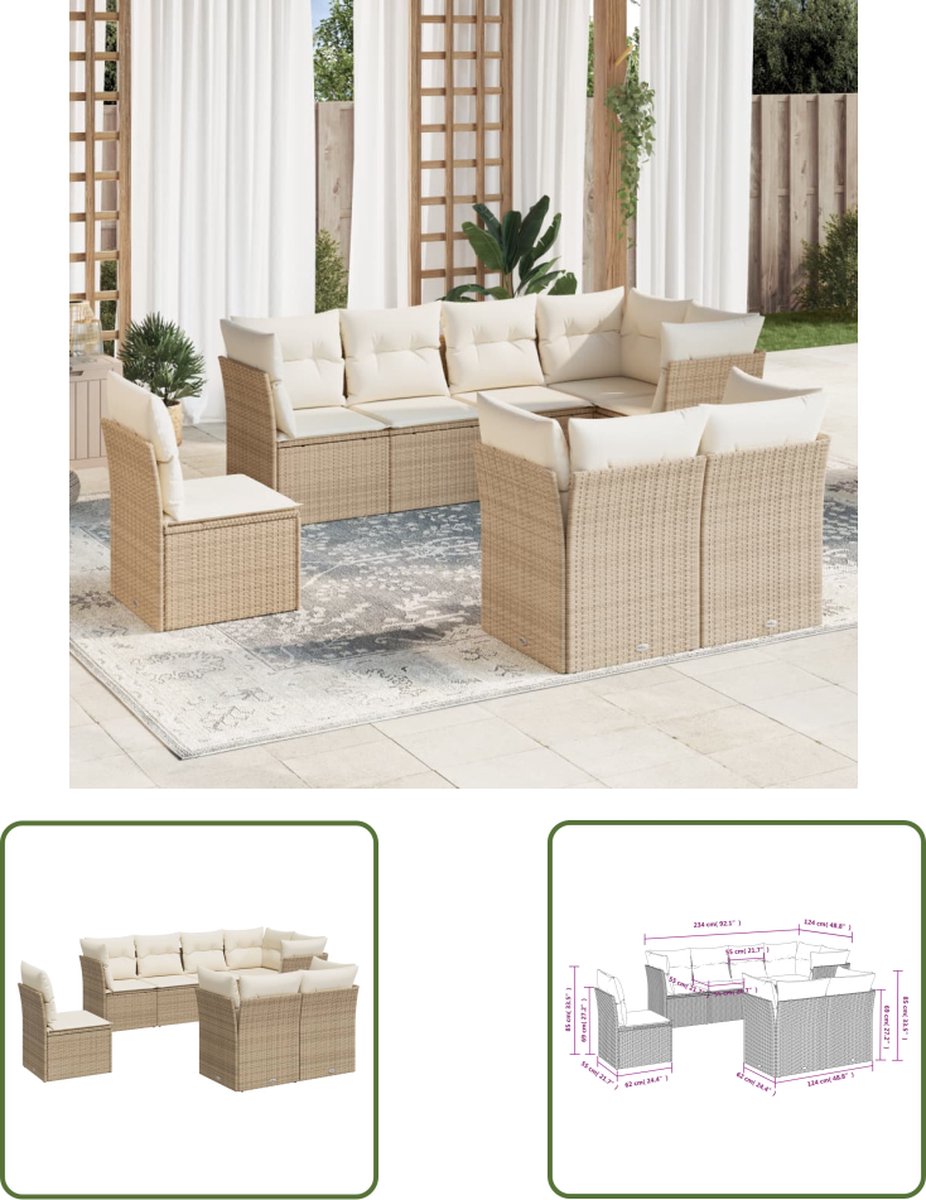 The Living Store 8-delige Loungeset met kussens poly rattan beige - Loungeset - Tuinset - Lounge Bank - Buitendecoratie - Garden Furniture