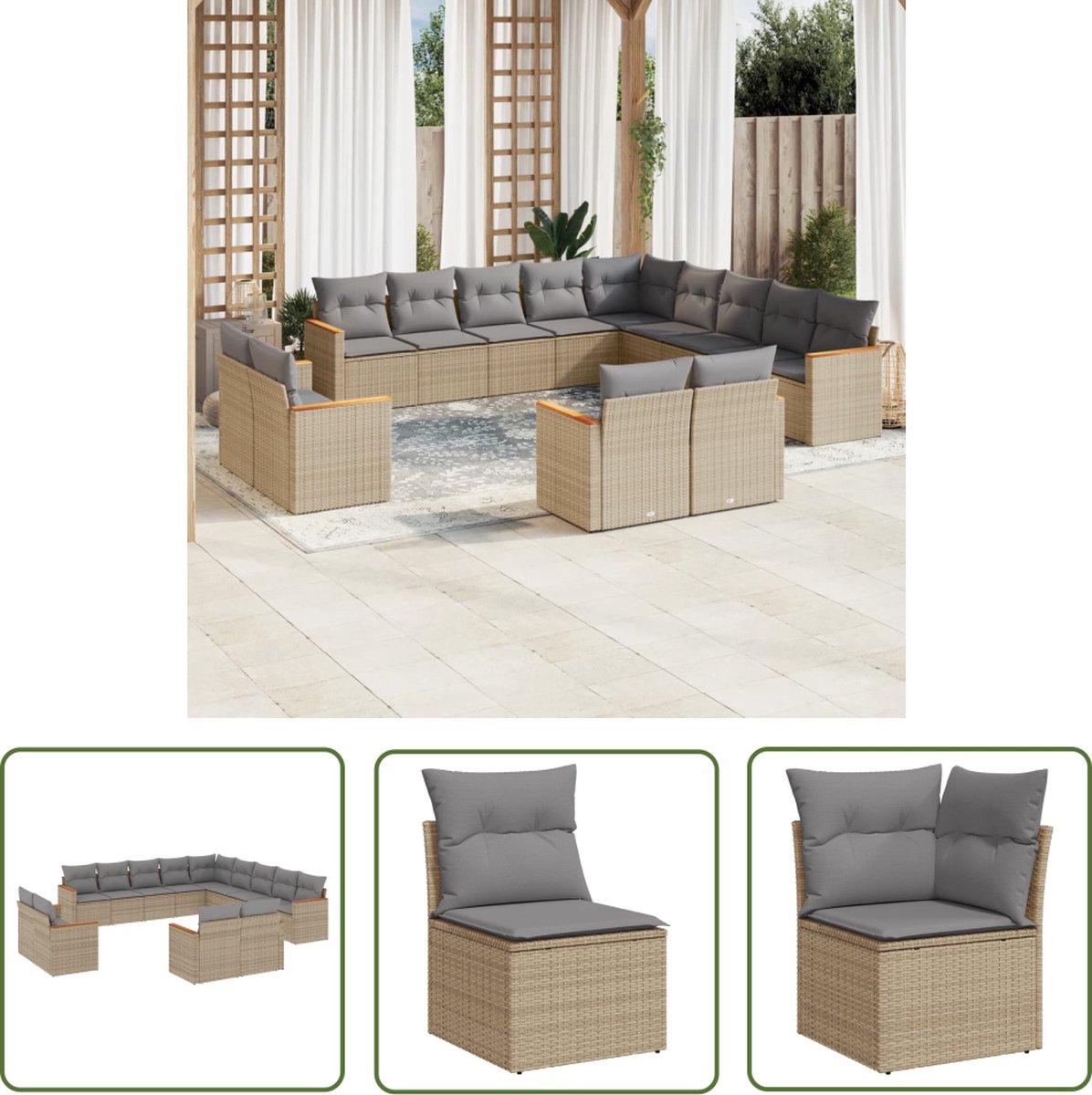 The Living Store 13-delige Loungeset met kussens poly rattan gemengd beige - Loungeset - Tuinset - Lounge Set - Tuinbank - Buitendecoratie