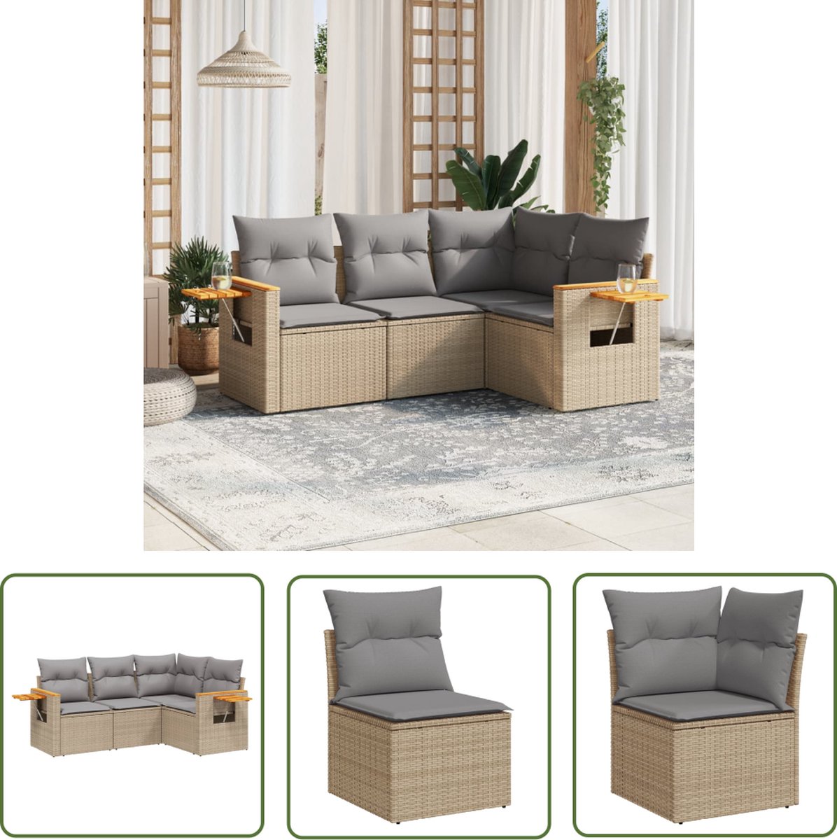 The Living Store 4-delige Loungeset met kussens poly rattan beige - Loungebank - Tuinset - Loungehoek - Buitendining - Outdoor Living