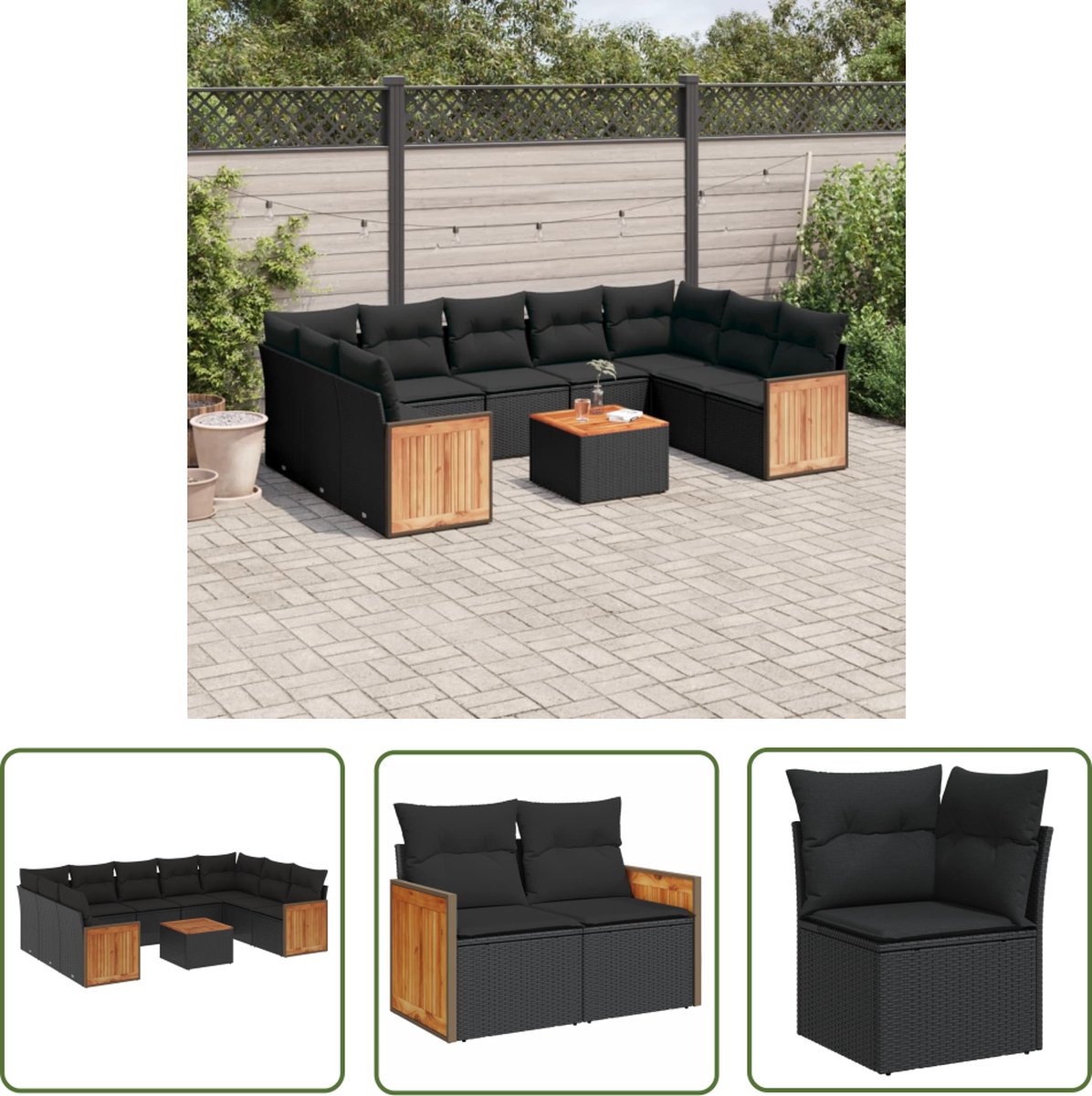 Zwarte poly rattan loungeset met kussens voor buiten - The Living Store.