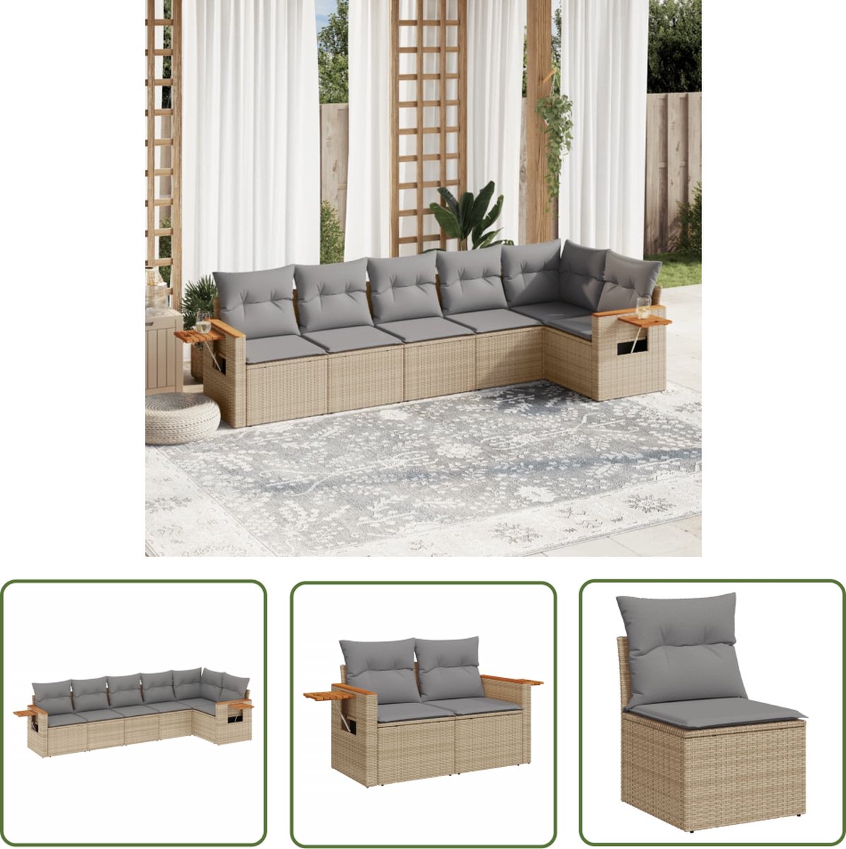 The Living Store 6-delige Loungeset met kussens poly rattan beige - Loungeset - Tuinset - Lounge - Buitendecoratie - Garden Furniture