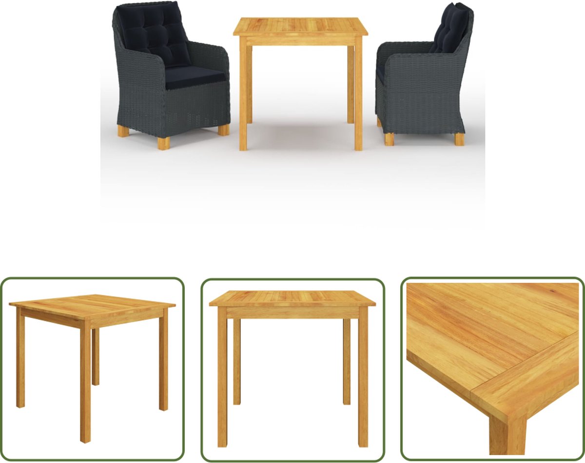 Tuinset met donkergrijze tuinbank, eetkamerset en buitentafel van Acacia Hout en PE Rattan.