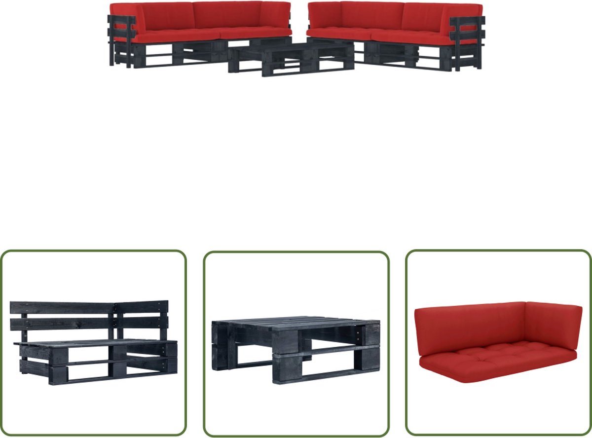 The Living Store 6-delige Loungeset pallet met kussens zwart geïmpregneerd hout - Lounge Set - Pallets - Hout - Balkon - Tuin
