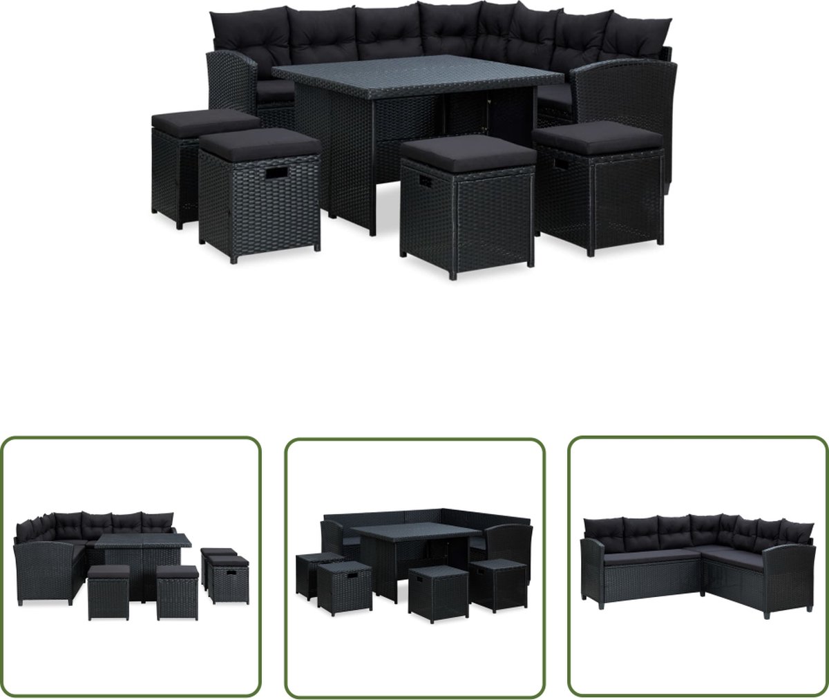 Zwarte poly rattan loungeset met kussens voor buiten - Hoeksofa en loungestoel.