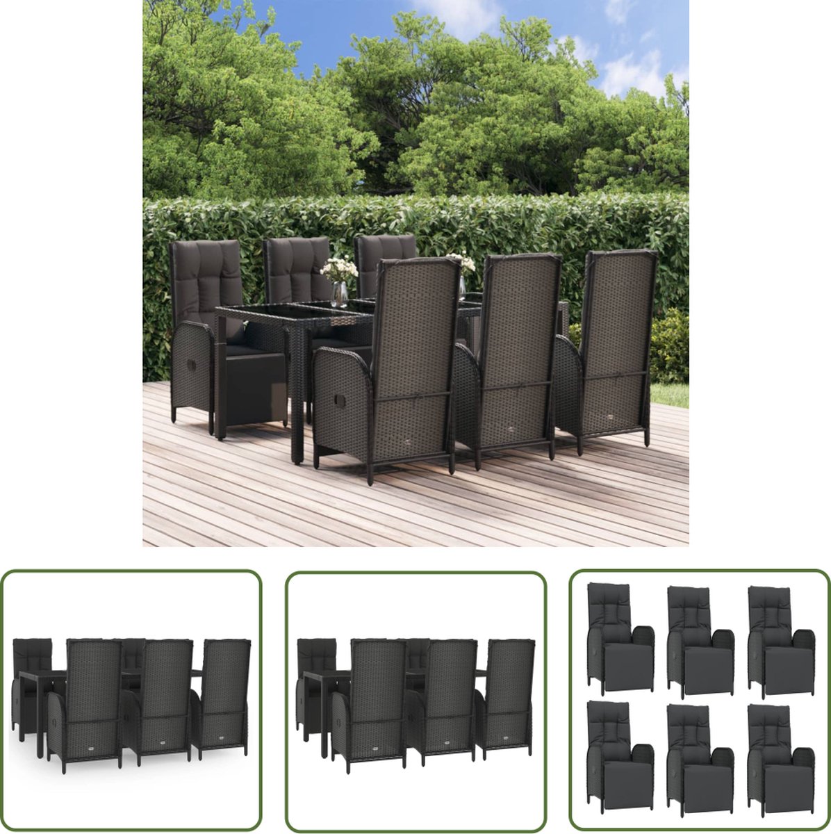The Living Store 7-delige Tuinset met kussens poly rattan zwart - Tuinset - Lounge Set - Outdoor Furniture - Eetkamerset - Tuinset Zwart
