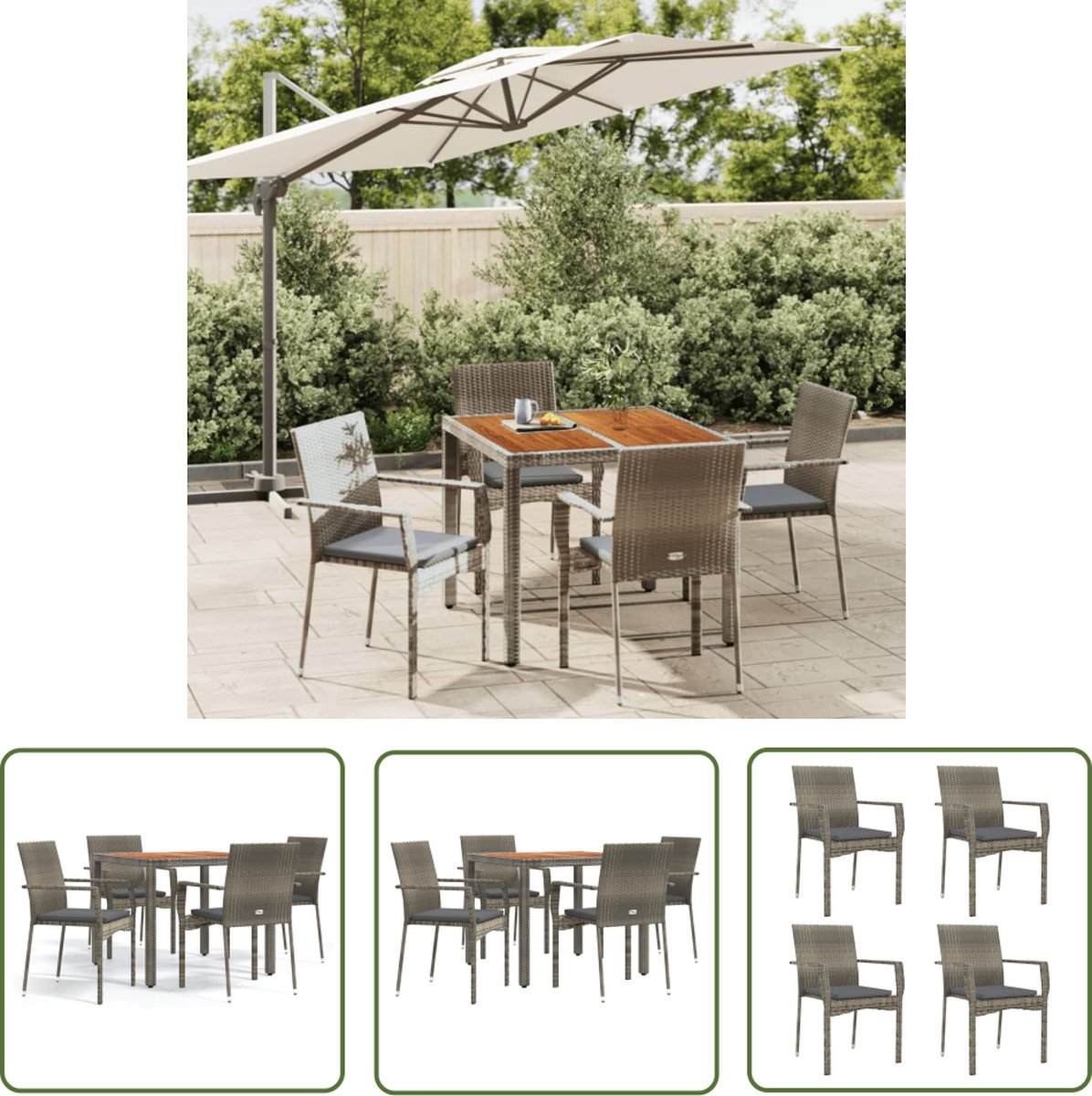 The Living Store 5-delige Tuinset met kussens poly rattan grijs - Tuinset - Lounge Set - Outdoor Furniture - Terras Meubilair - Eetkamerset
