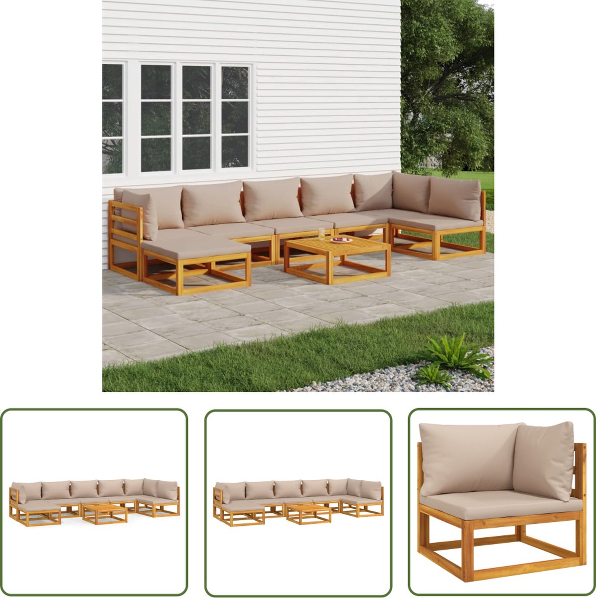 The Living Store loungeset met taupe kussens en acacia houten frame.