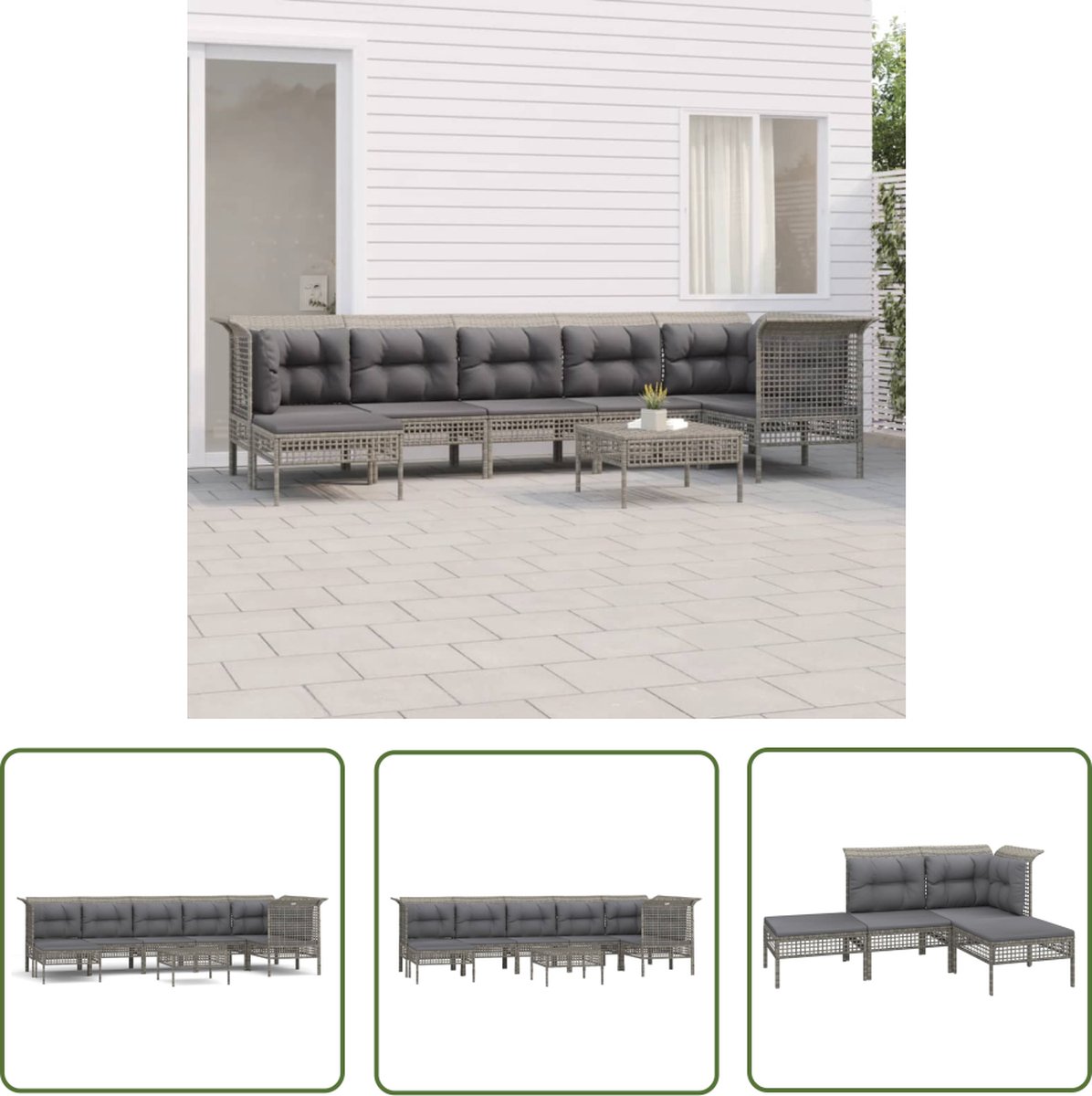 The Living Store 8-delige Loungeset met kussens poly rattan grijs - Loungeset - Tuinset - Lounge - Polyrattan - Buitendining
