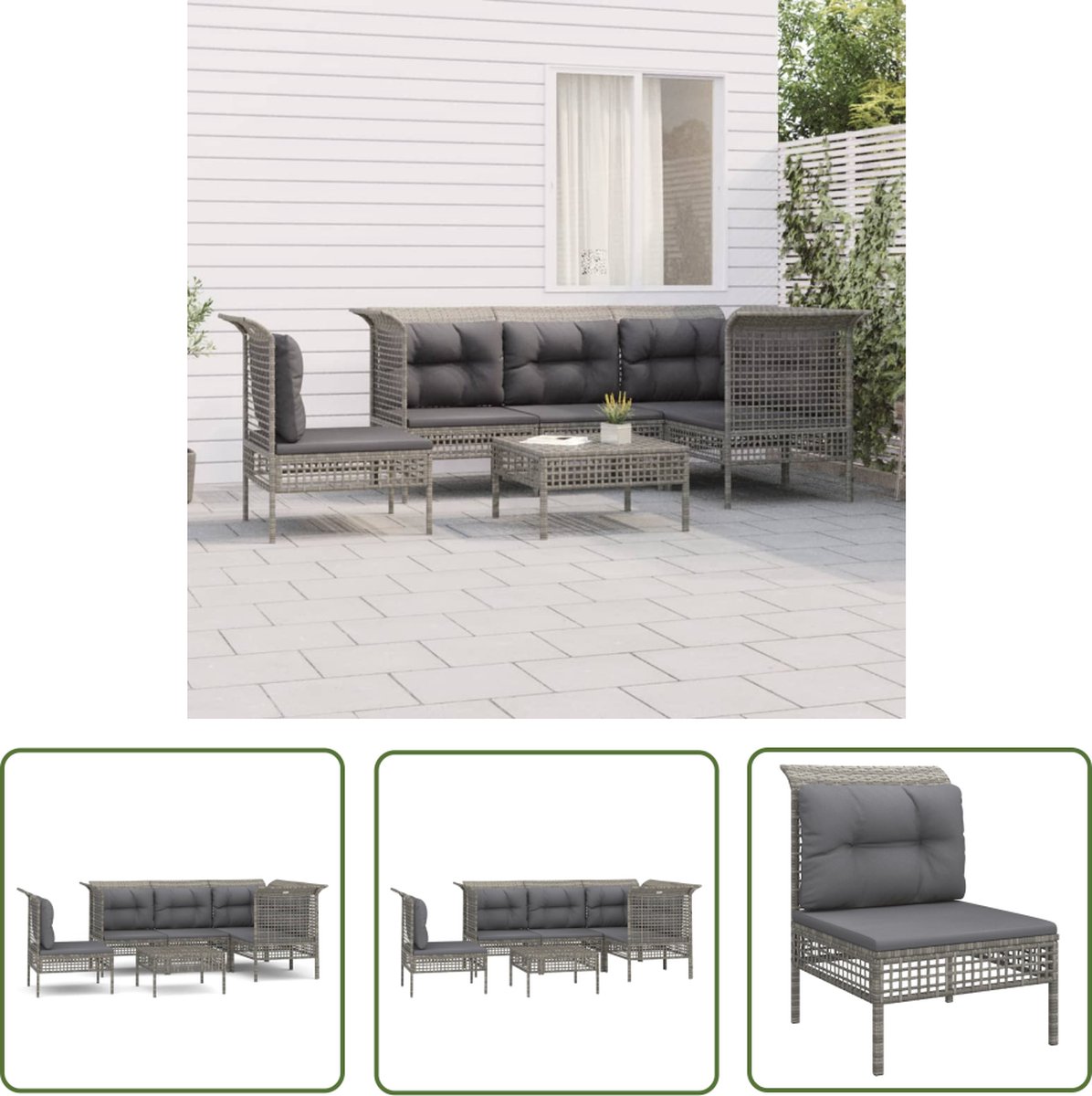Grijze poly rattan loungeset met kussens voor buiten loungen.