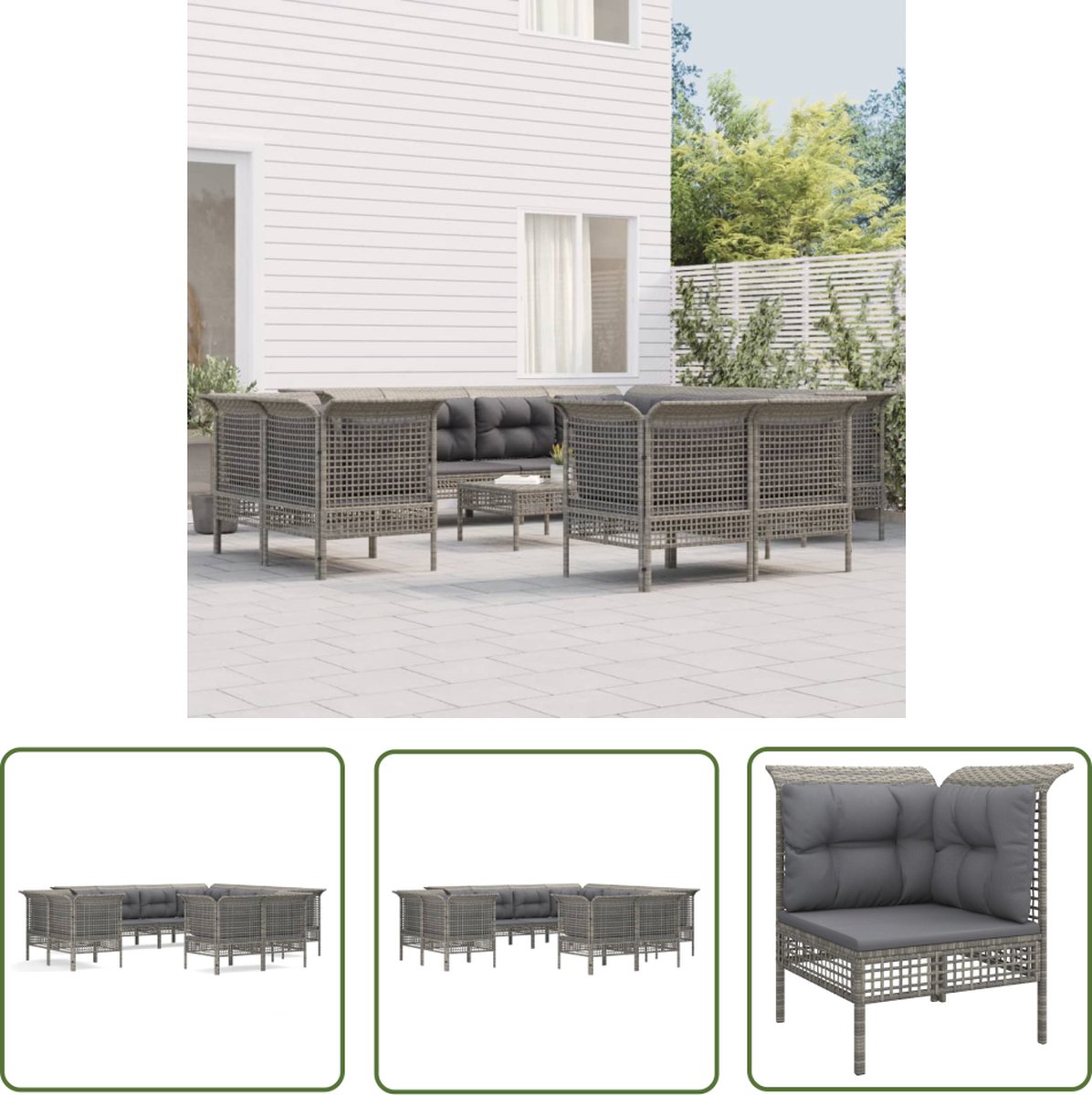 Grijze poly rattan loungeset met kussens voor buiten - Tuinmeubilair - Stijlvol en comfortabel.