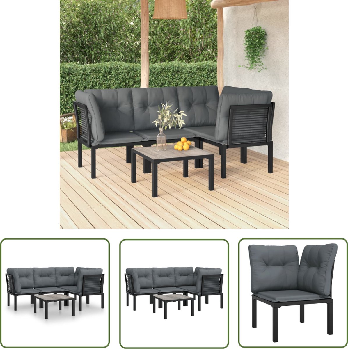The Living Store 5-delige Loungeset poly rattan zwart en grijs - Loungeset - Tuinset - Lounge - Buitendining - Terrasset