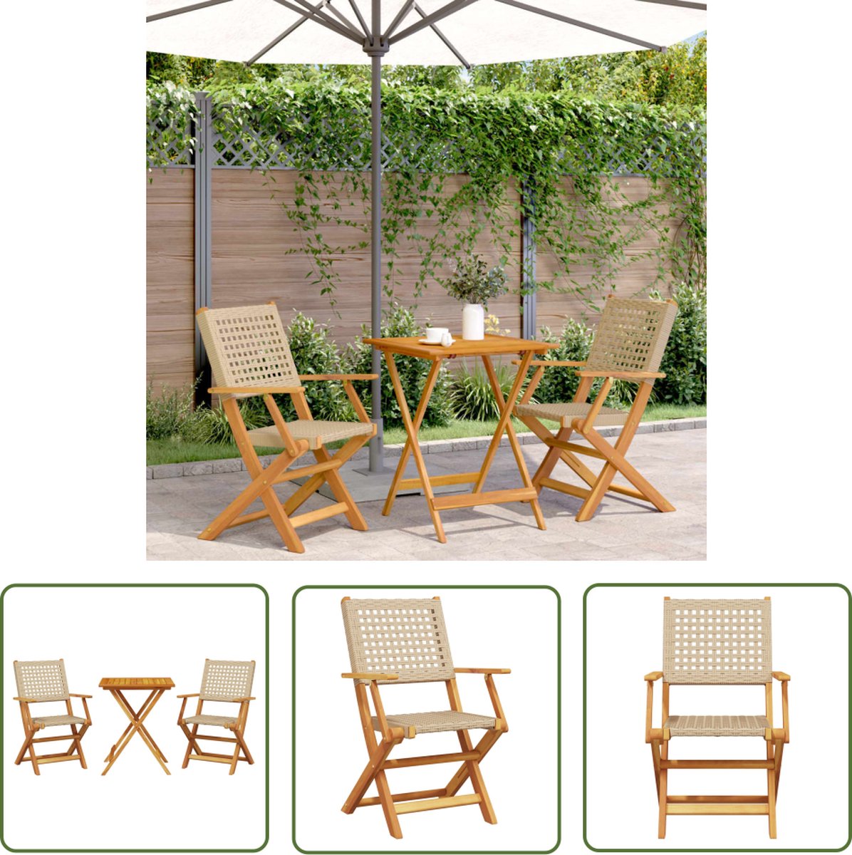 The Living Store 3-delige Bistroset poly rattan en massief hout beige - Bistroset - Tuinstoel - Buitameubel - Acaciahout - Tuintable