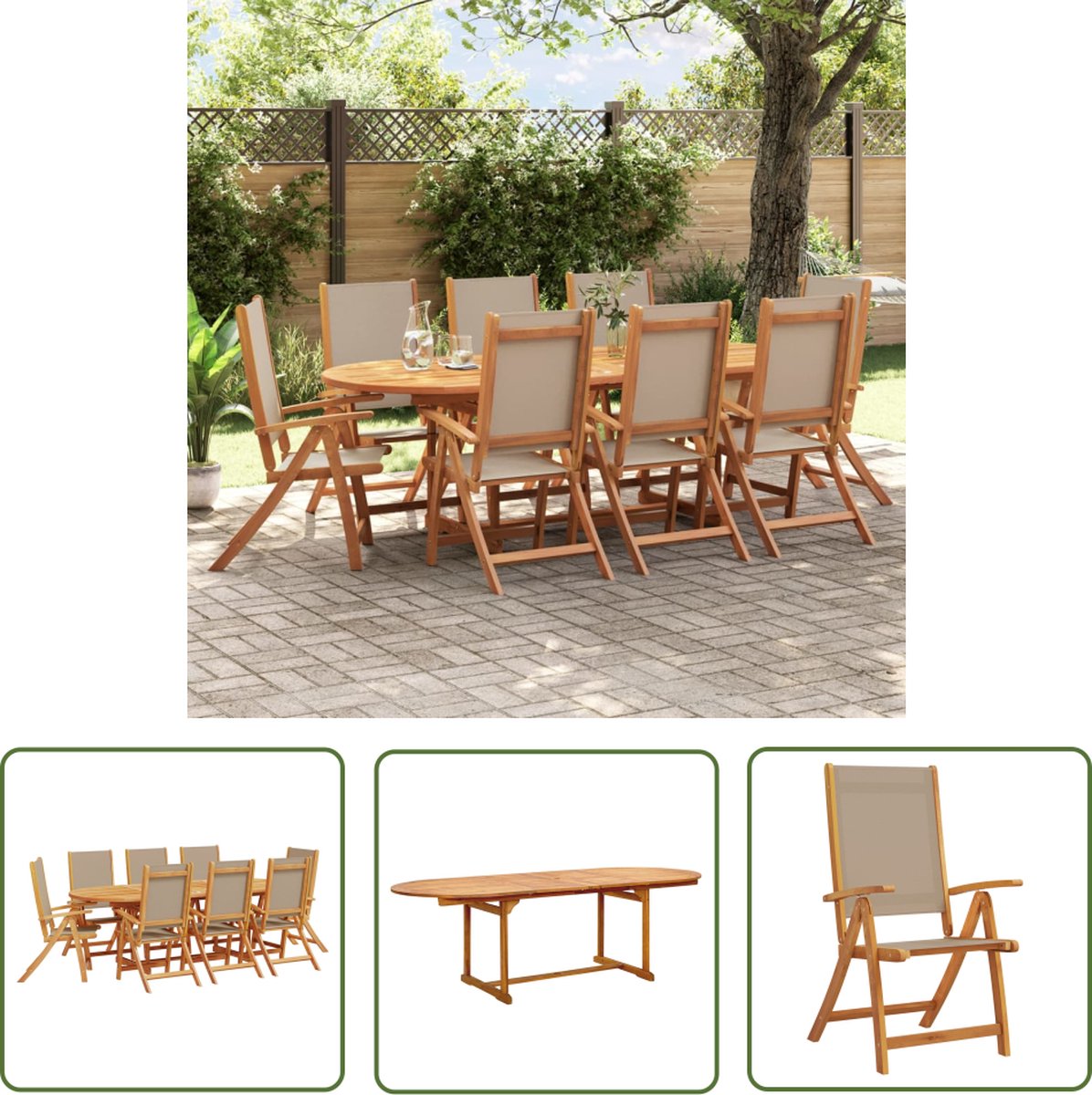 The Living Store 9-delige Tuinset massief acaciahout en textileen - Tuinmeubelset - Acacia Hout - Eetkamerset - Buitentafel - Tuinstoelen