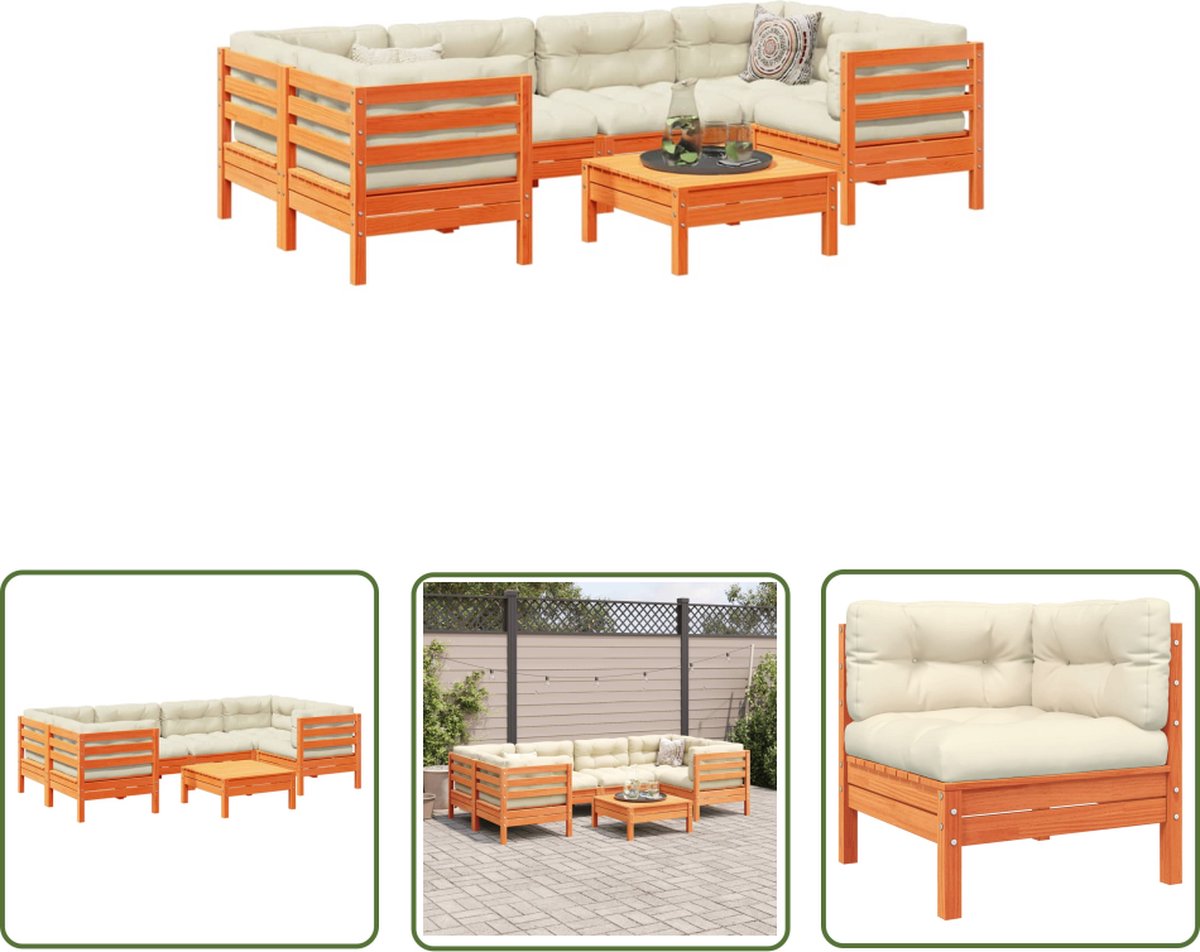 The Living Store 7-delige Loungeset met kussens massief grenenhout wasbruin - Tuin Lounge Set - Loungebank - Tuinset - Buitendiner - Houten Loungestoel