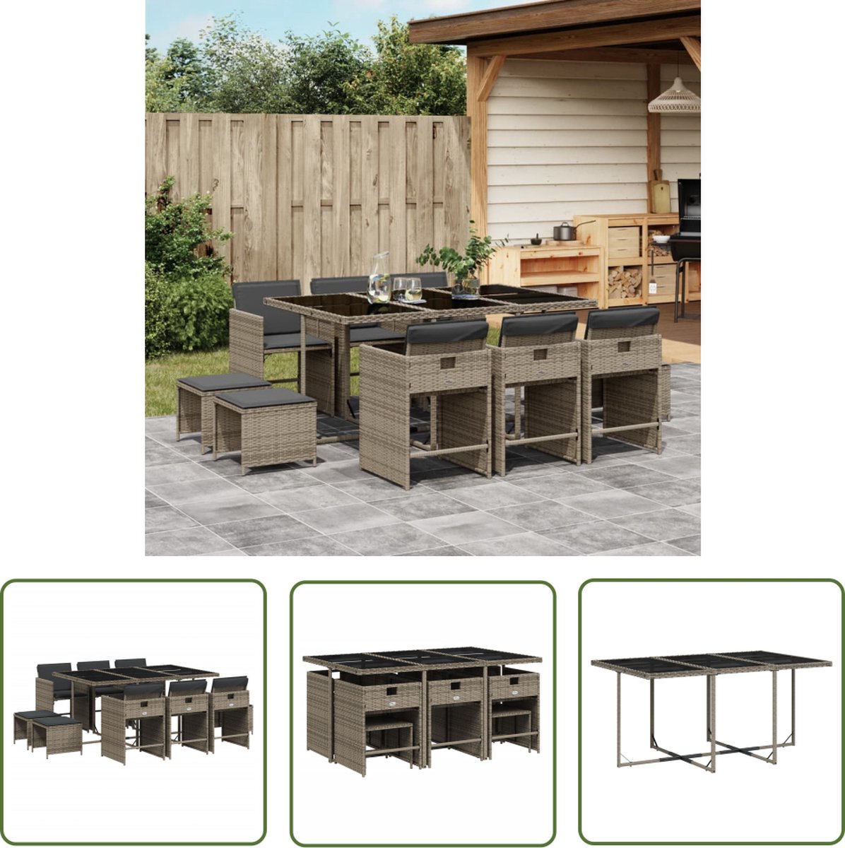 The Living Store 11-delige Tuinset met kussens poly rattan grijs - Tuinmeubels - Buitenkamer - Lounge Set - Eetgroep - Patio Set