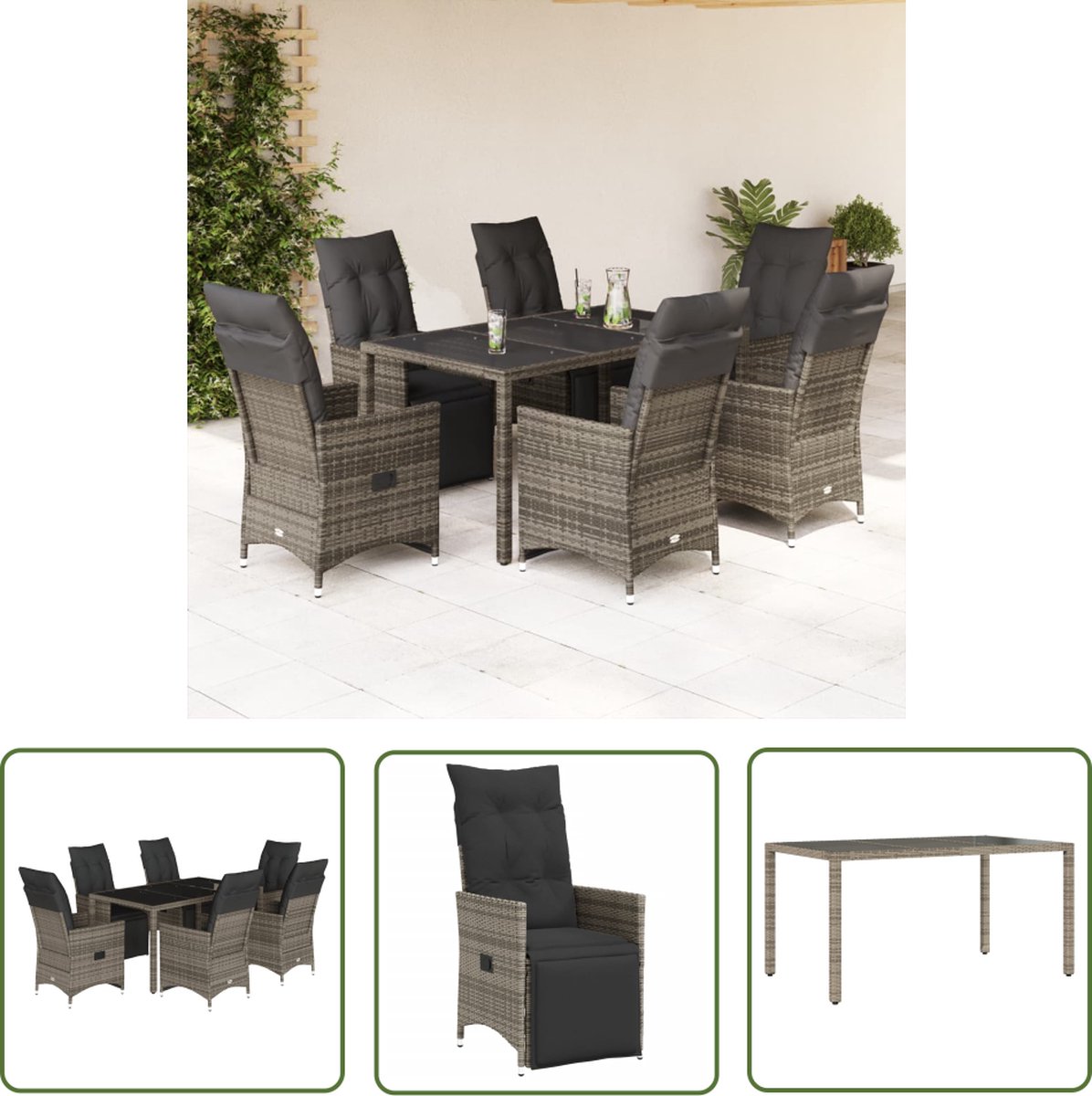 Grijze poly rattan bistroset met kussens voor tuinmeubels en buitendecoratie.