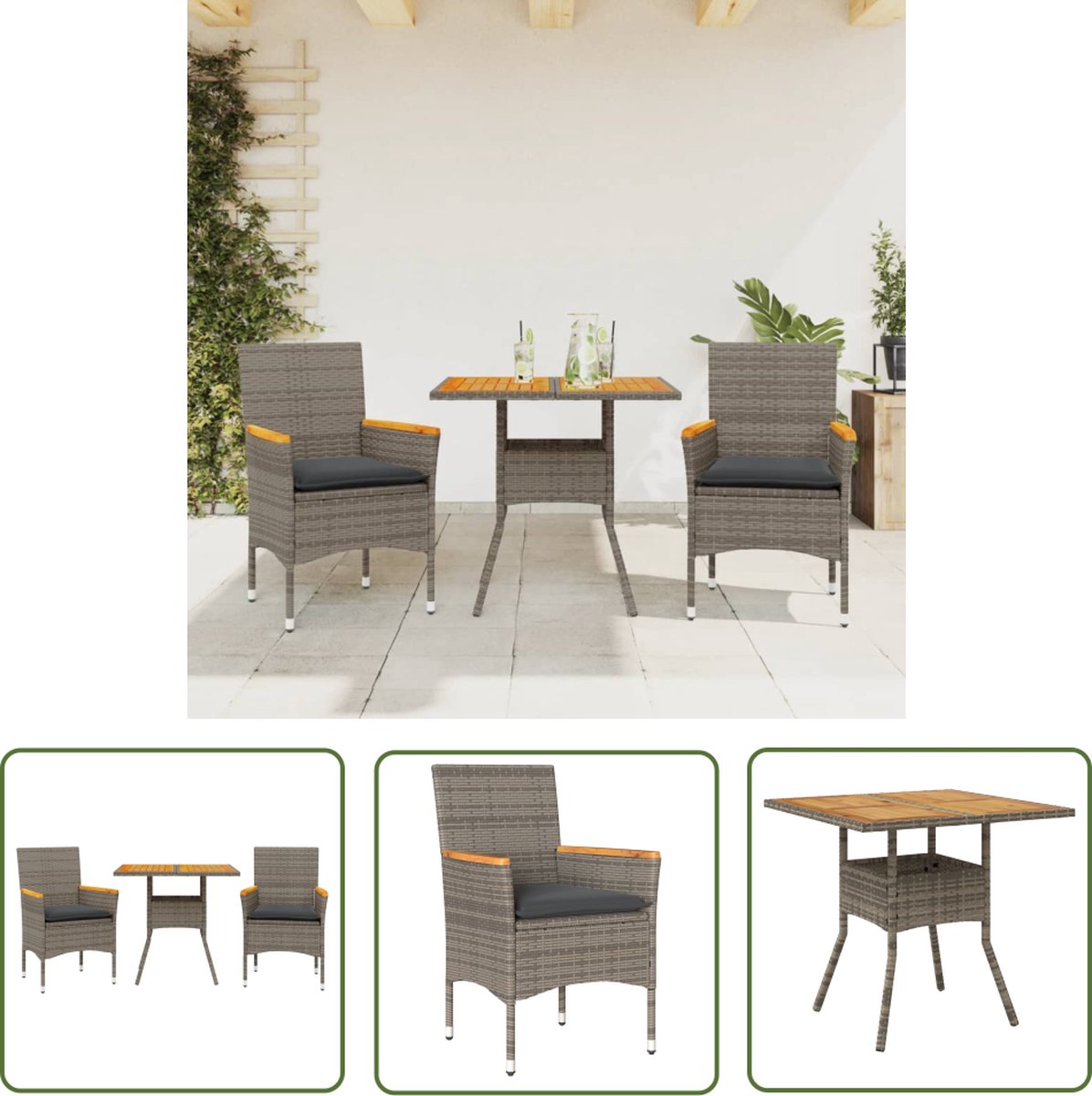 The Living Store 3-delige Tuinset met kussens poly rattan en acaciahout grijs - Tuinset - Eetkamerset - Buis Meubilair - Outdoor Furniture - Lounge Set