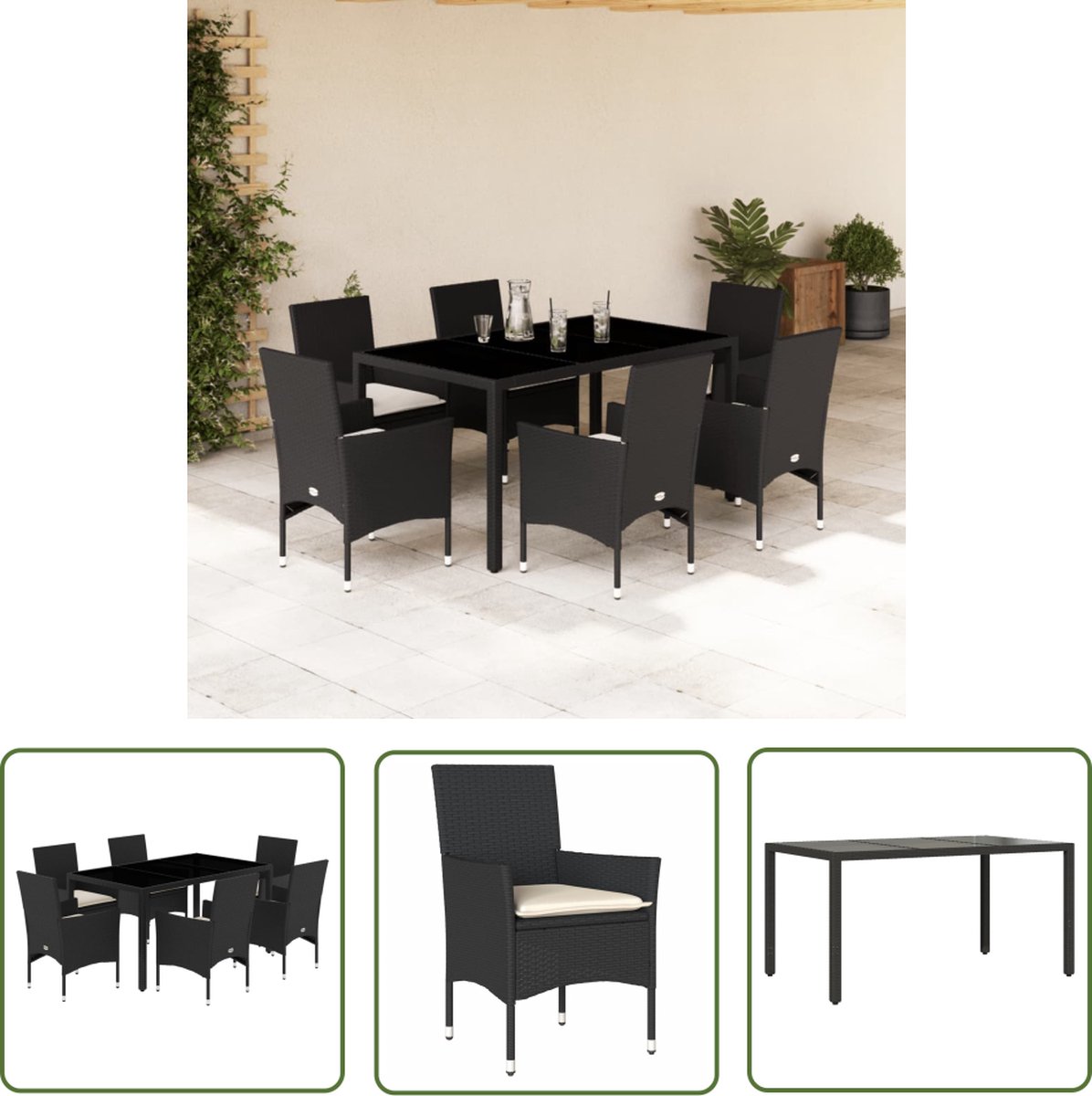The Living Store 7-delige Tuinset met kussens poly rattan en acaciahout zwart - Tuinmeubels - Tuinset - Lounge Set - Buis Meubel - Outdoor Furniture