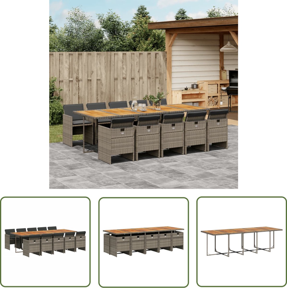 Grijze poly rattan tuinset met kussens en eettafel - The Living Store.