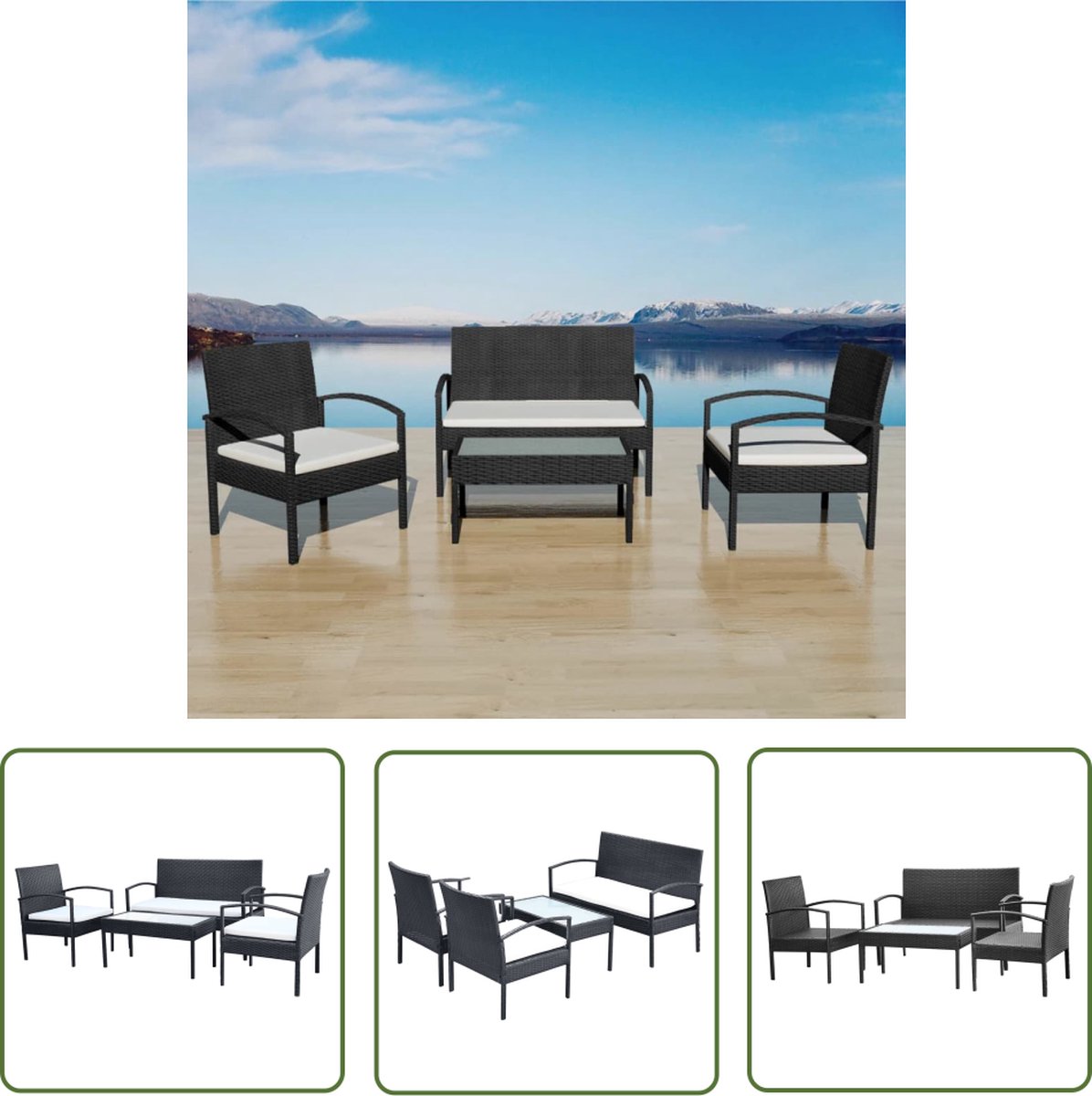 The Living Store 4-delige Loungeset met kussens poly rattan zwart - Tuinmeubles - Lounge Set - Ratan Meubilair - Buitendecoratie - Tuinset