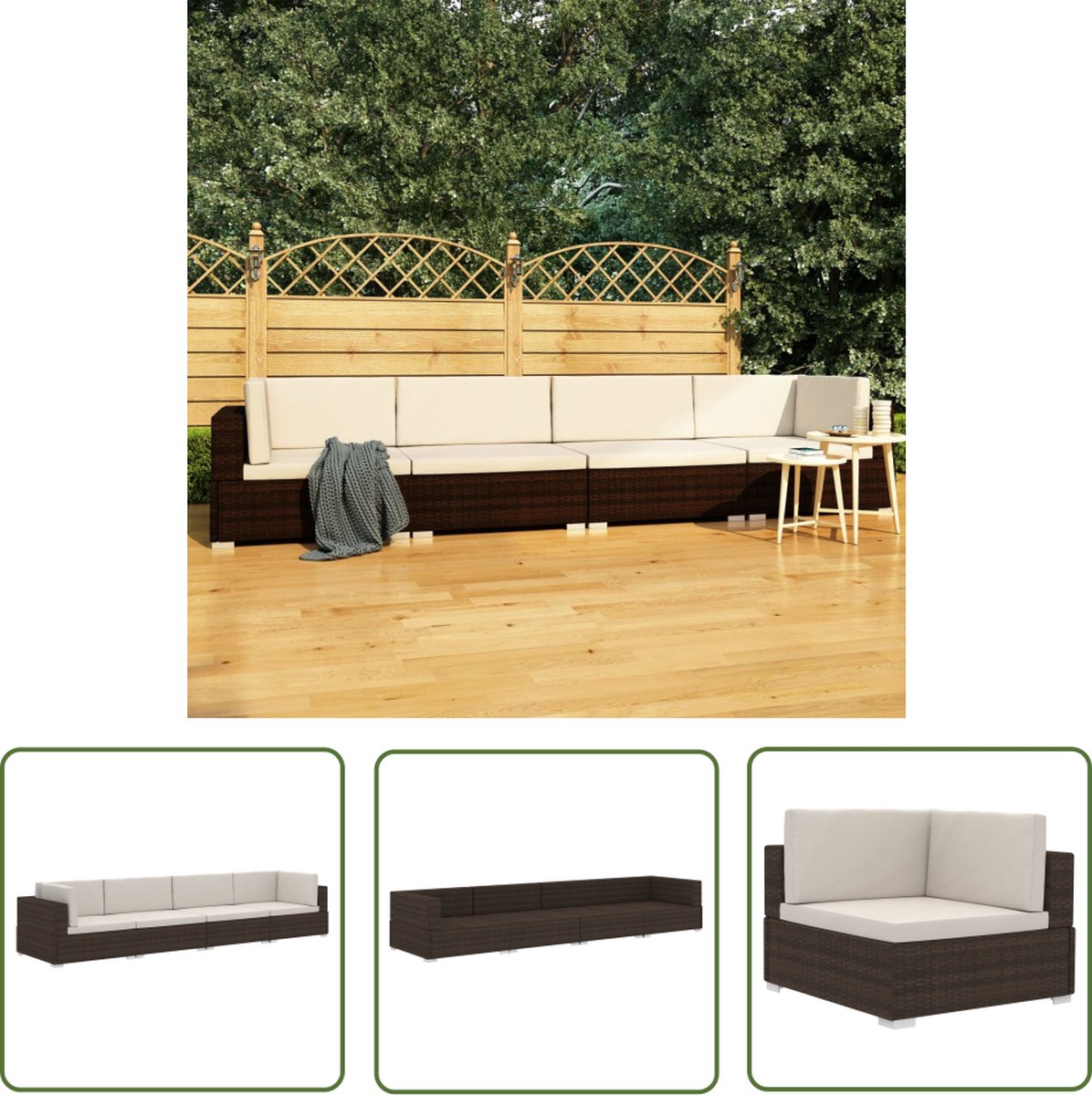 Bruine poly rattan loungeset met kussens voor buiten, The Living Store.