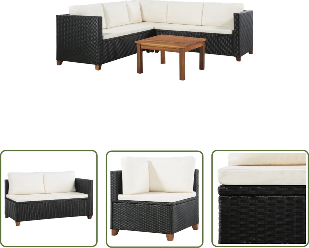 The Living Store 4-delige Loungeset met kussens poly rattan zwart - Loungeset - Tuinmeubelen - Lounge Set - Outdoor Meubels - Veranda Meubelset