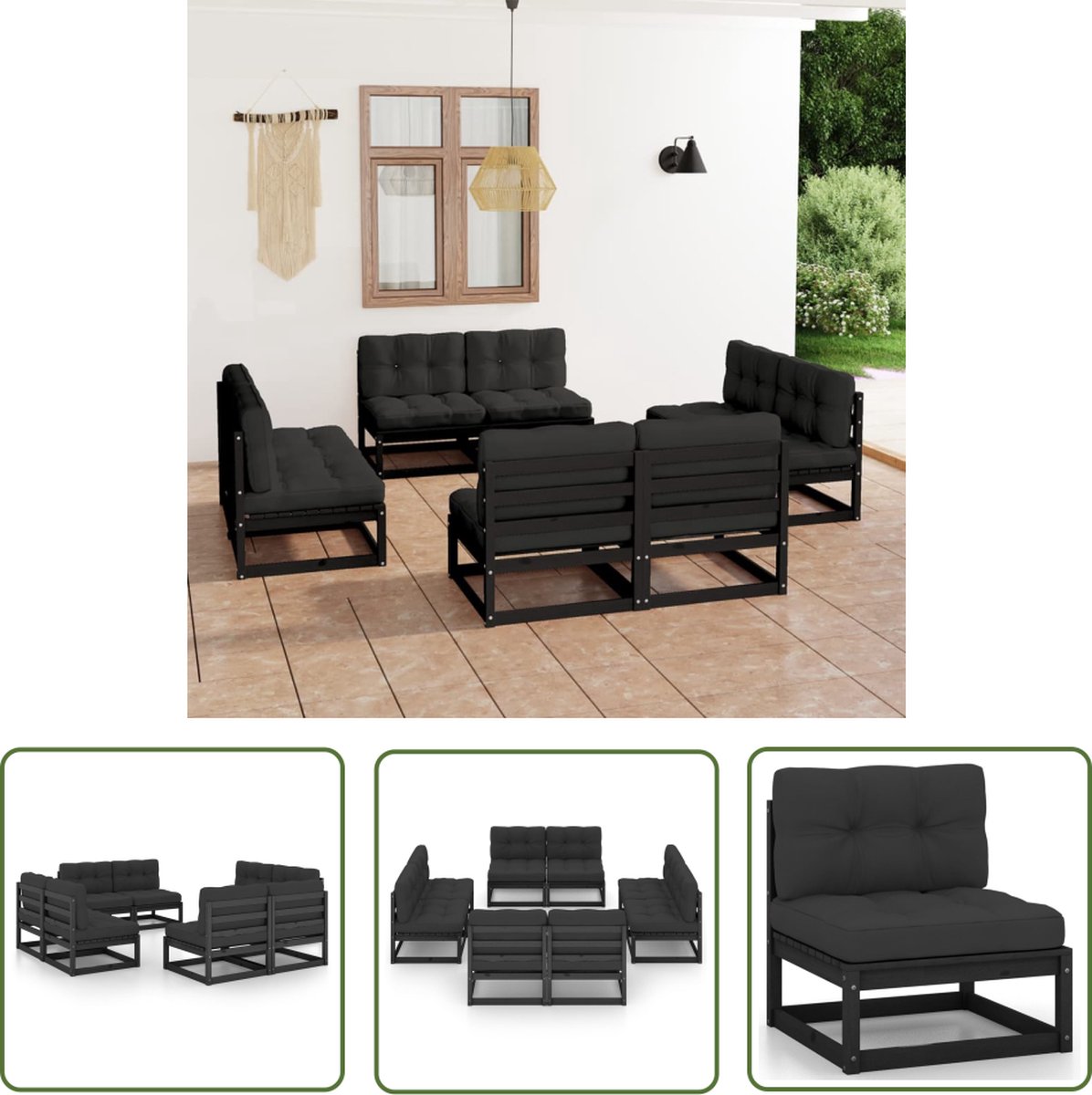 Massief grenenhouten loungeset met comfortabele kussens voor tuininrichting.