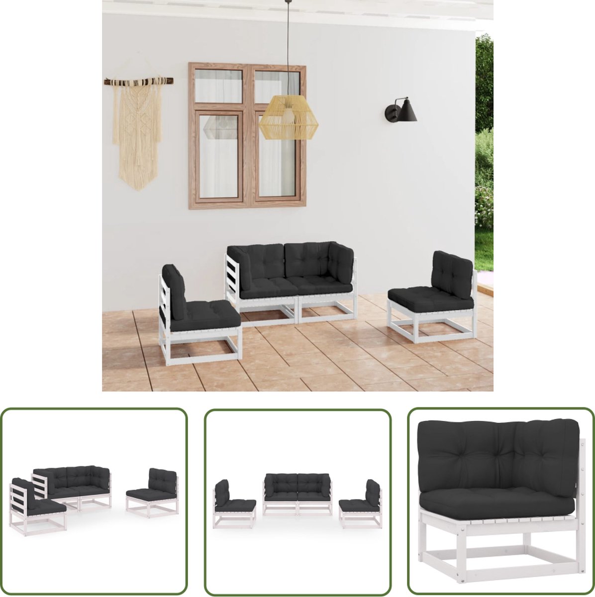 The Living Store 4-delige Loungeset met kussens massief grenenhout - Tuinlounge - Loungestoel - Buitentijnen - Houten Bank - Loungeset