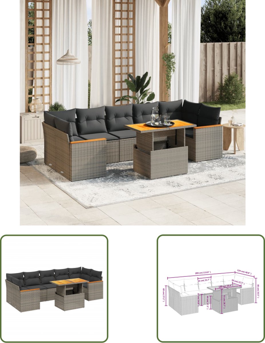 Grijze poly rattan loungeset met kussens voor buiten.