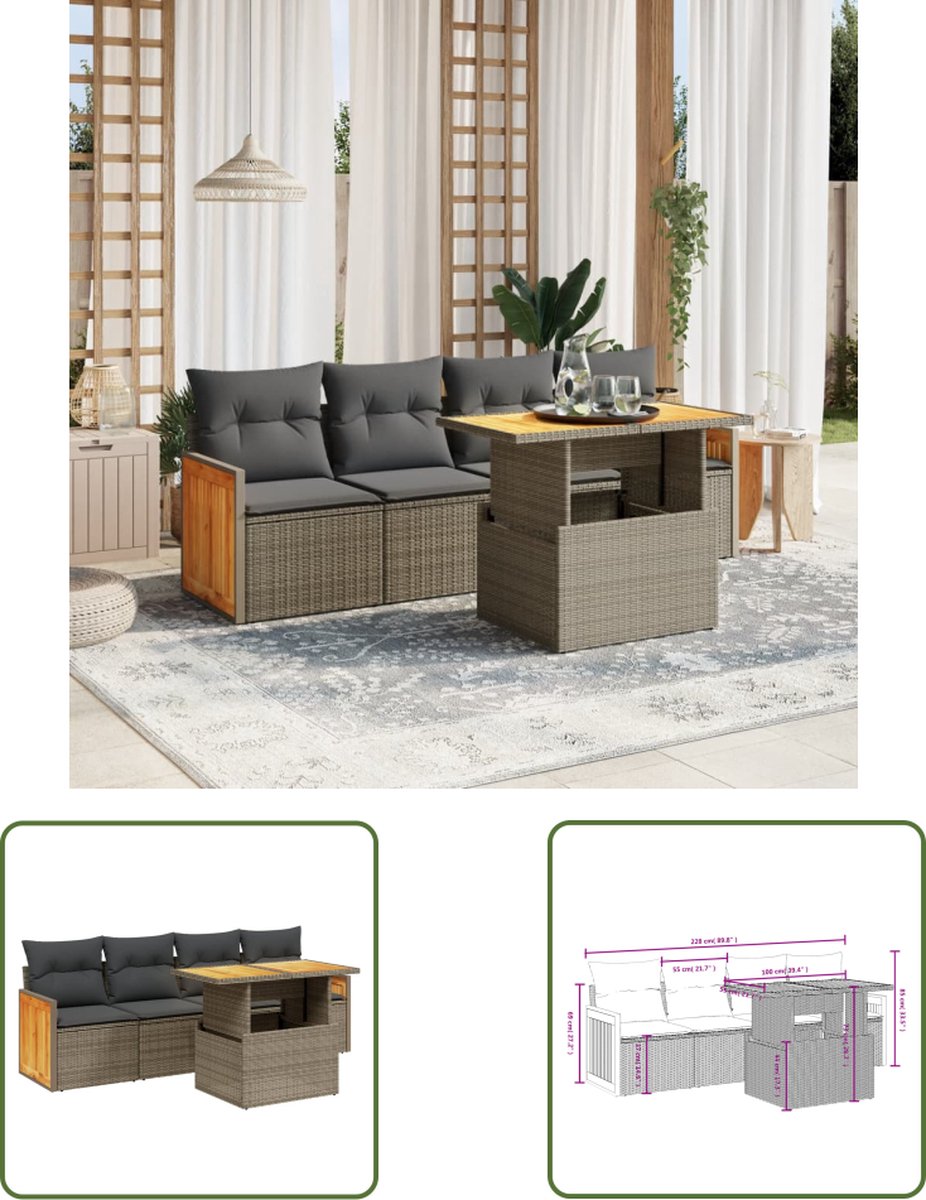 The Living Store 5-delige Loungeset met kussens poly rattan grijs - Loungeset - Lounge Set - Buitendecoratie - Tuinmeubels - Teak Meubel