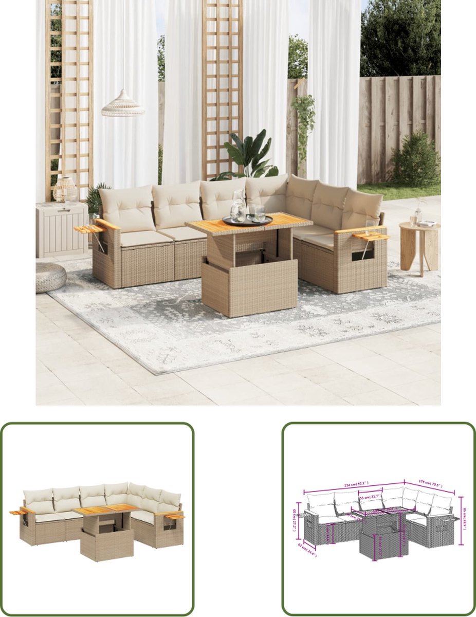 The Living Store 7-delige Loungeset met kussens poly rattan beige - Tuinstoel - Lounge Set - Tuintafels - Buitendecoratie - Outdoor Furniture Poly rattan loungeset in beige, inclusief kussens en tafels.