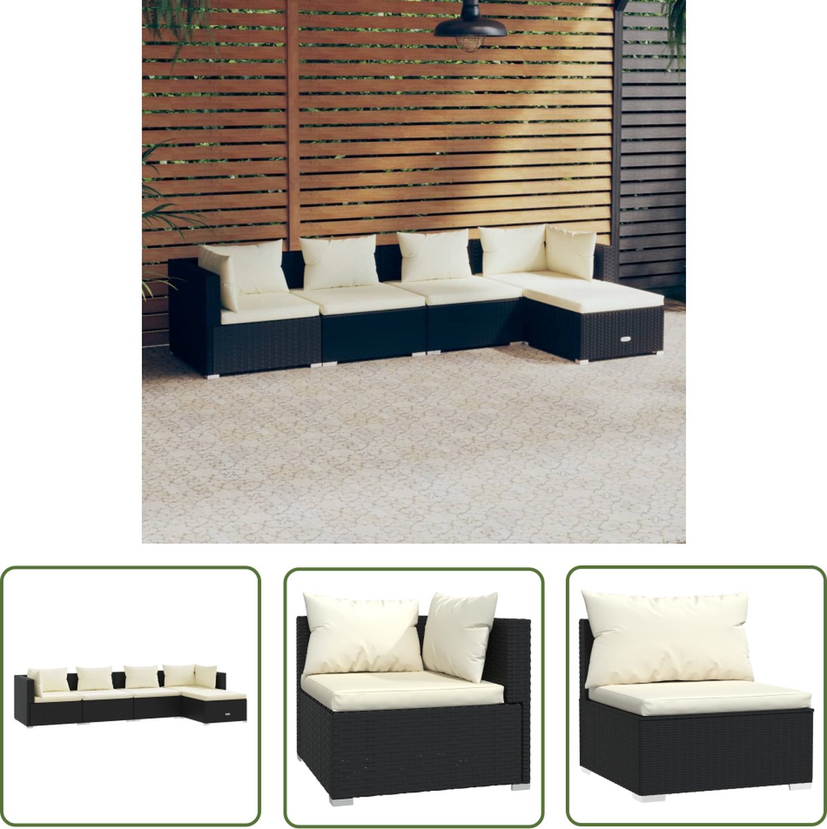 The Living Store 5-delige Loungeset met kussens poly rattan zwart - Loungeset - Tuinmeubels - Lounge Set - Outdoor Furniture - Relaxfauteuil
