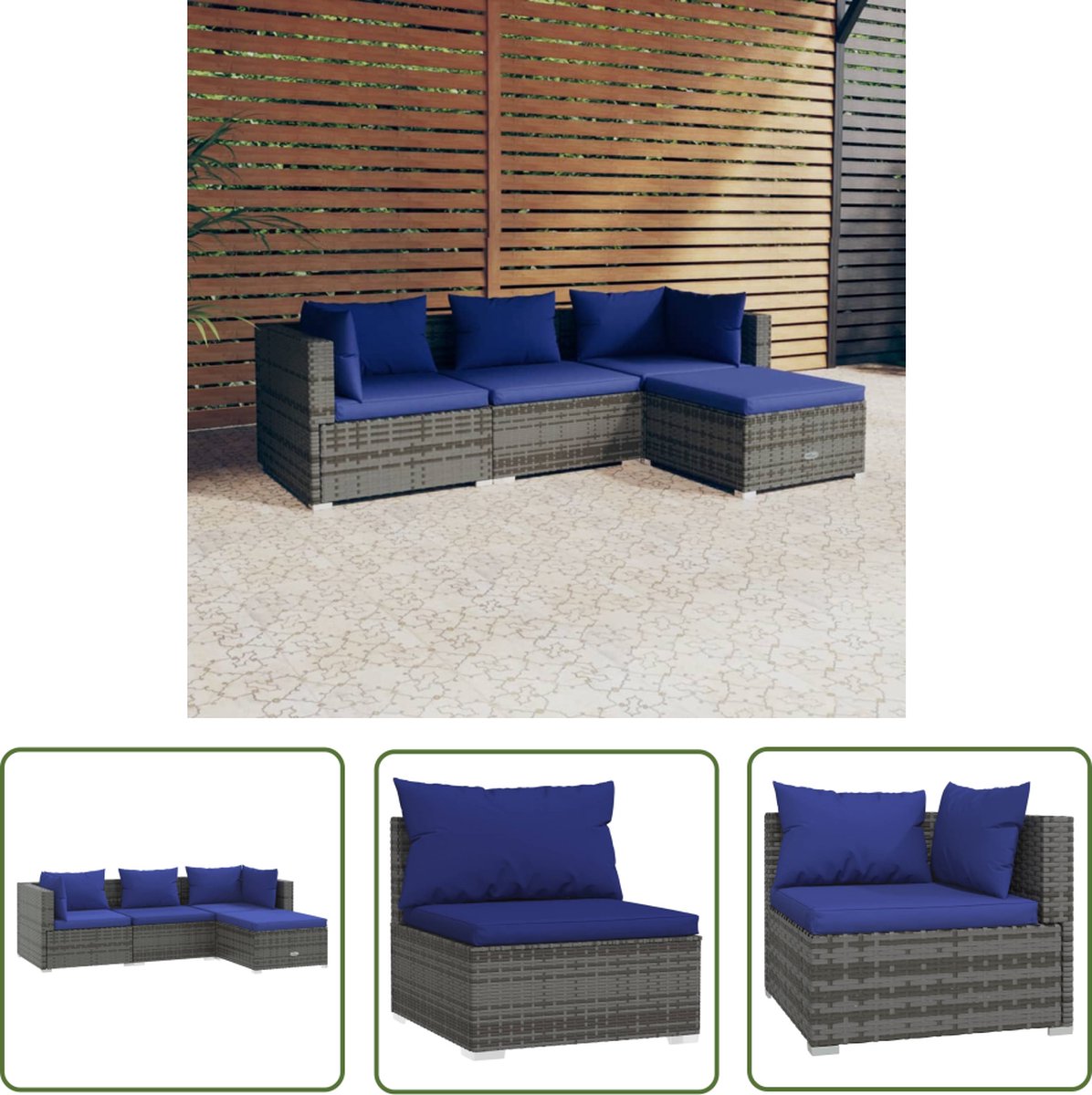 The Living Store 4-delige Loungeset met kussens poly rattan grijs - Loungeset - Lounge Set - Tuinlounge - Buiszitter - Outdoor Furniture