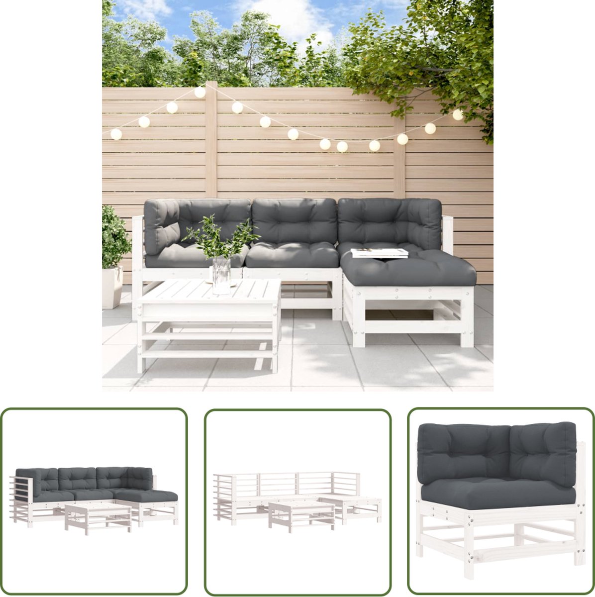The Living Store 5-delige Loungeset met kussens massief hout wit - Loungeset - Tuinset - Buitenkamer - Hout - Grenenhout