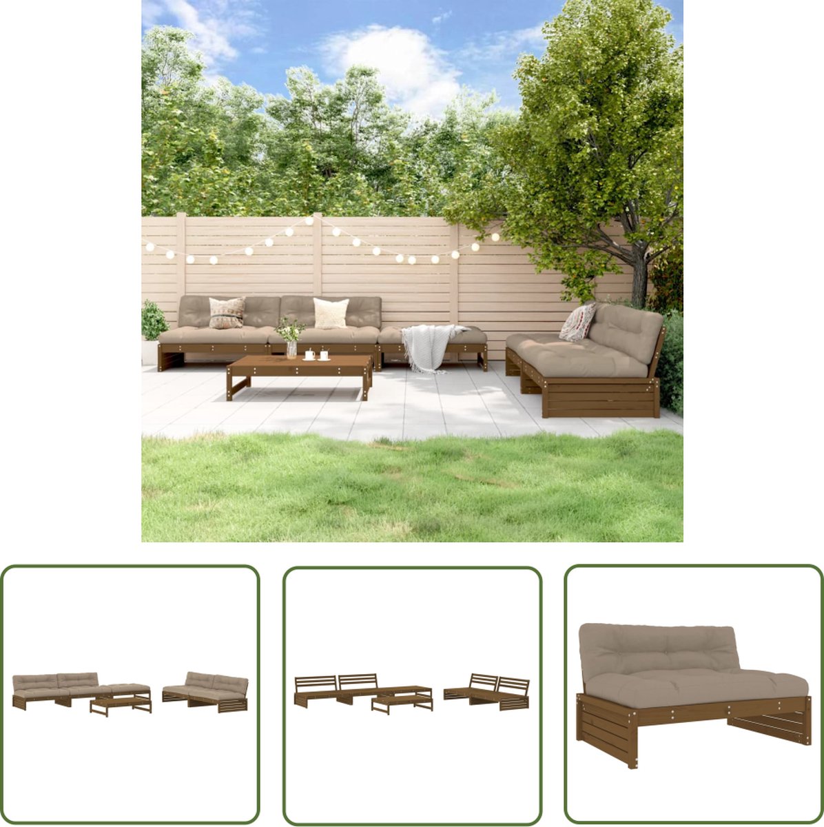 The Living Store 6-delige Loungeset met kussens grenenhout honingbruin - Loungeset - Tuinset - Lounge Bank - Buitenmeubilair - Tuinmeubels