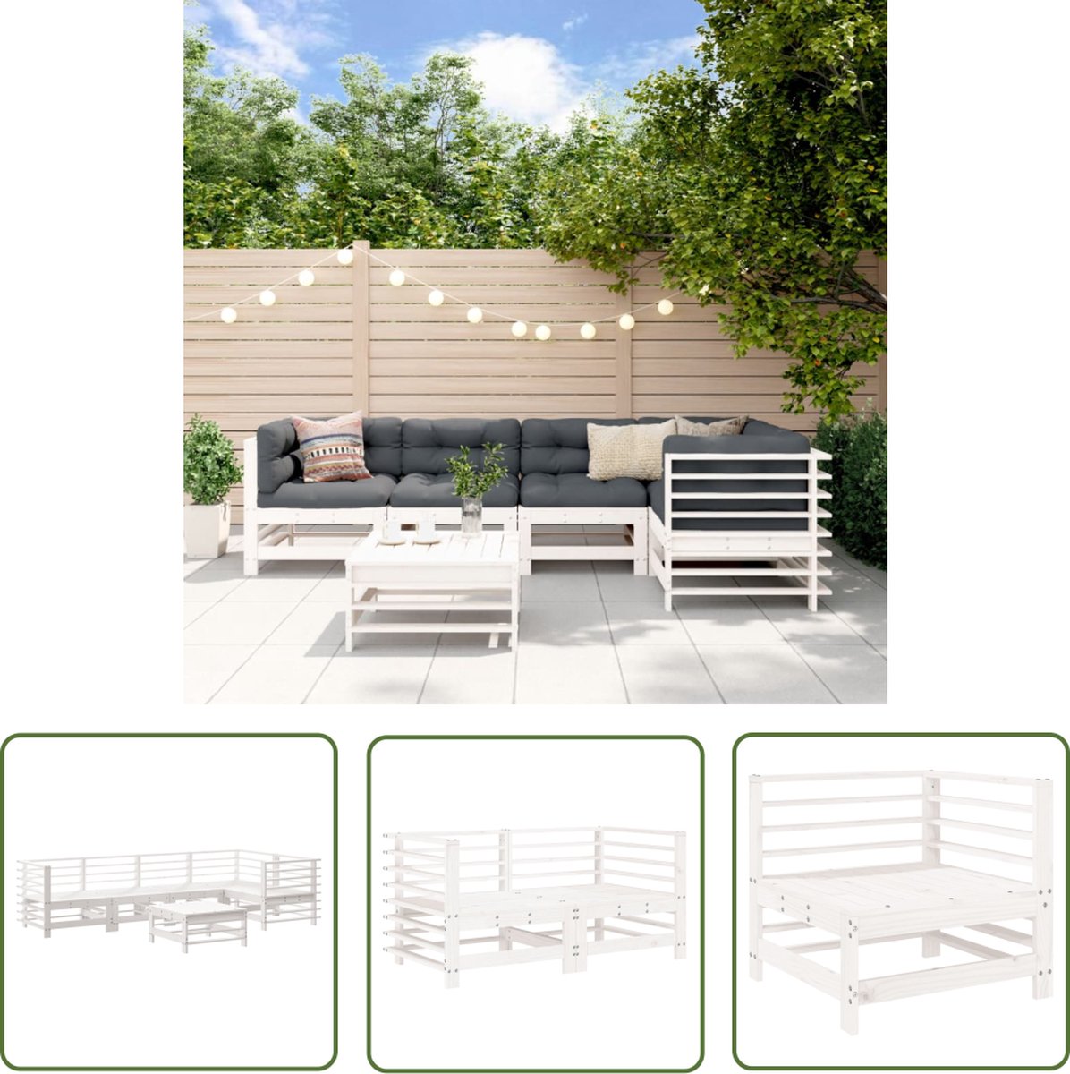 The Living Store 6-delige Loungeset massief grenenhout wit - Hoekbank - Lounge Set - Tuinmeubel - Hout - Grenenhout