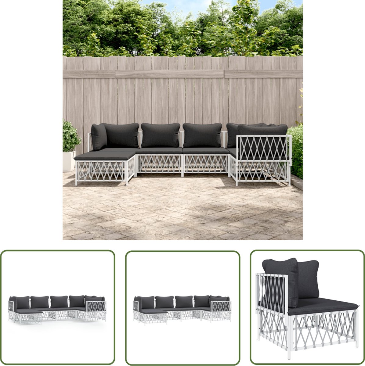 The Living Store 6-delige Loungeset met kussens staal wit - Loungeset - Tuinset - Lounge Bank - Tuinbank - Outdoor Furniture