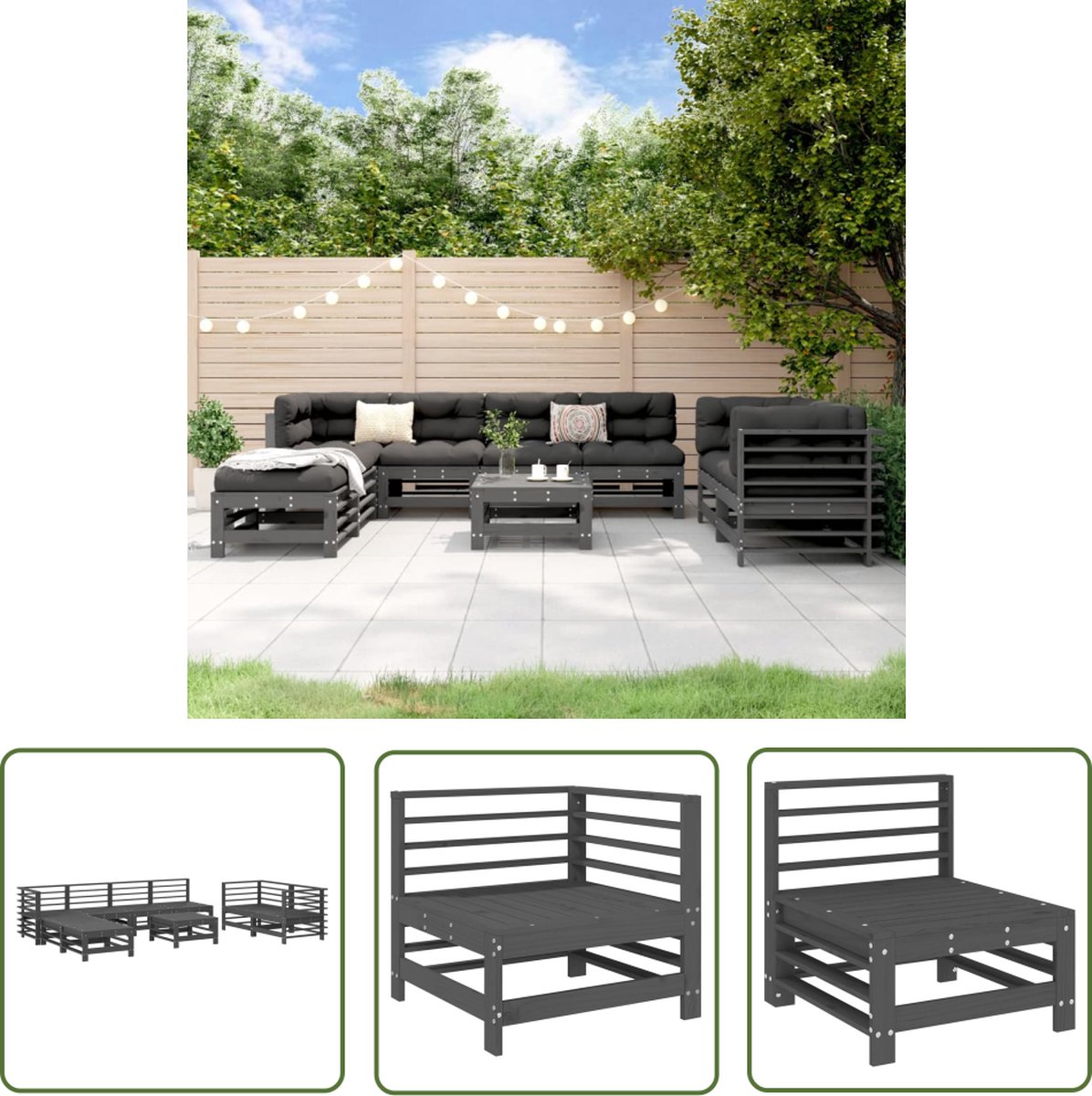 The Living Store 9-delige Loungeset massief grenenhout grijs - Loungeset - Tuinset - Tuinmeubel - Lounge - Hout