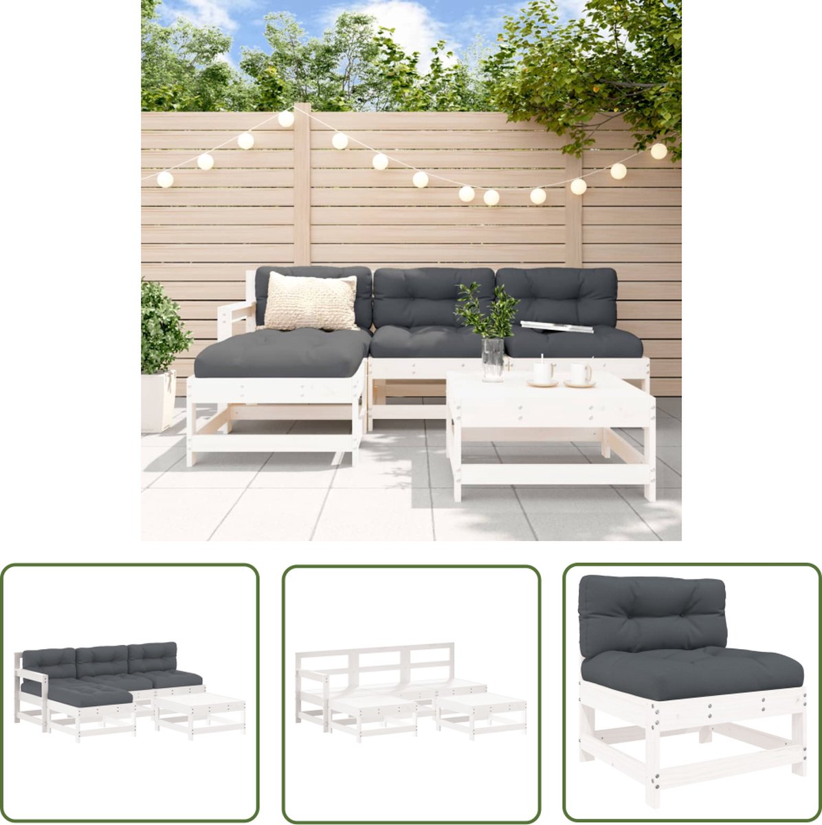 5-delige witte houten loungeset met kussens - The Living Store.
