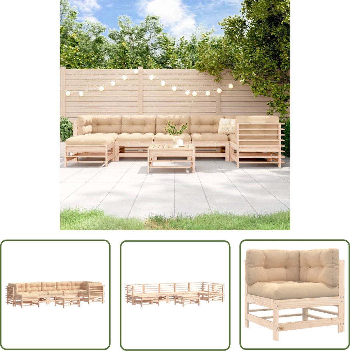 The Living Store 8-delige Loungeset met kussens massief hout - Loungeset - Tuinset - Hout - Grenenhout - Lounge