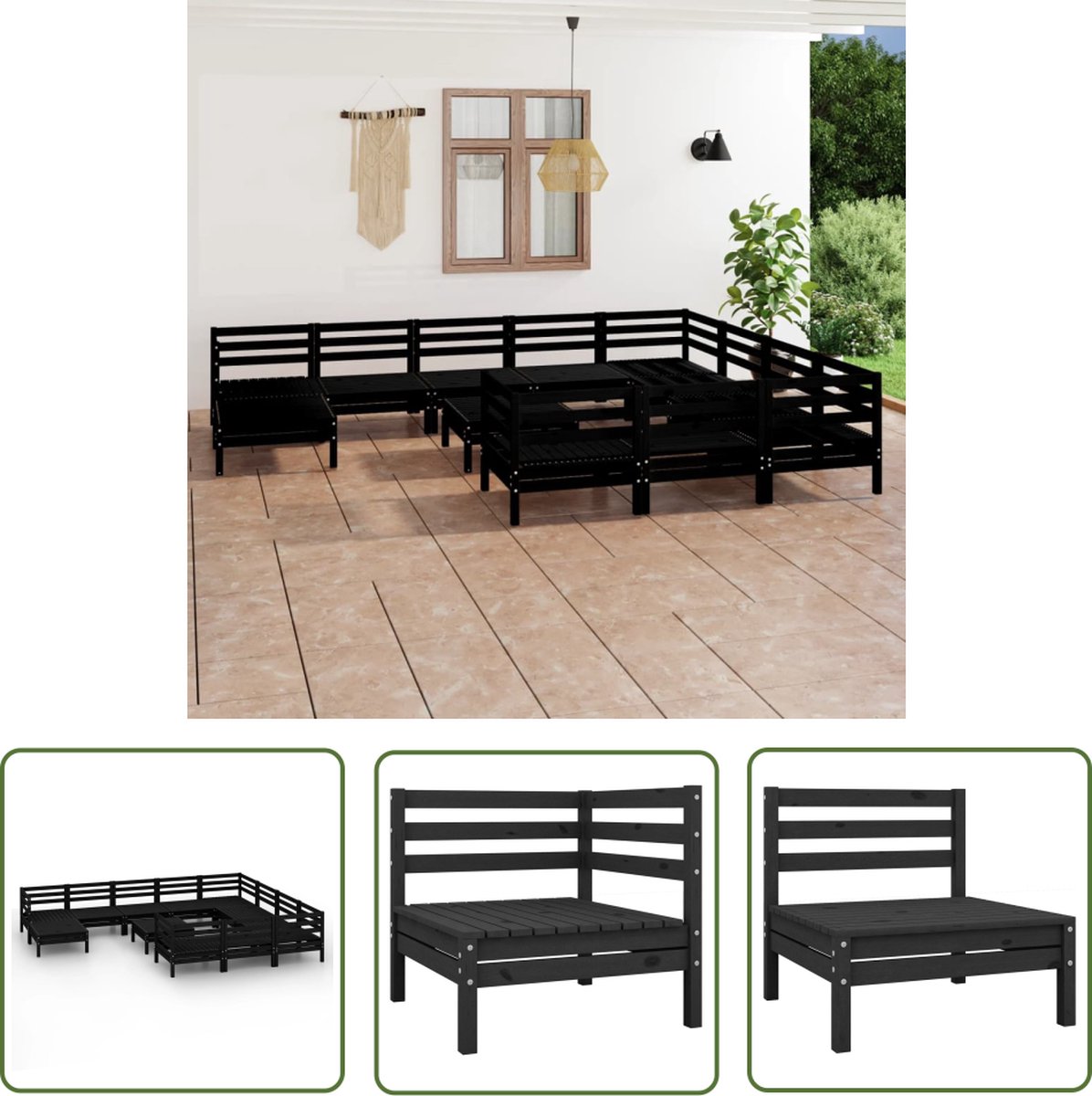 Zwarte massief grenenhouten loungeset met 12 delen - The Living Store.
