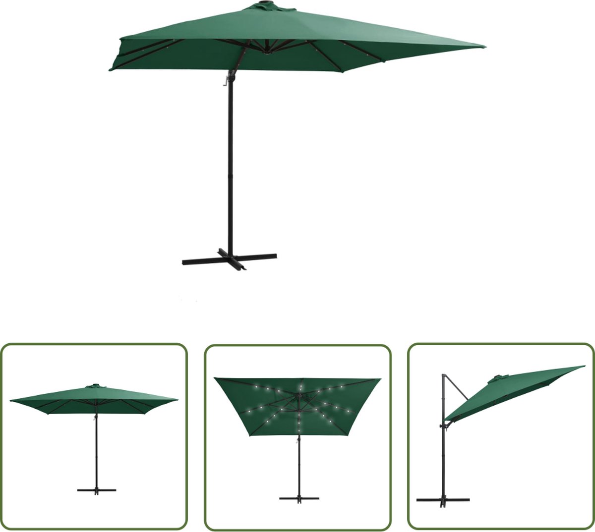 Groene zweefparasol 250x250 cm met LED-verlichting en stalen paal. Geschikt voor buiten, tuingereedschap.