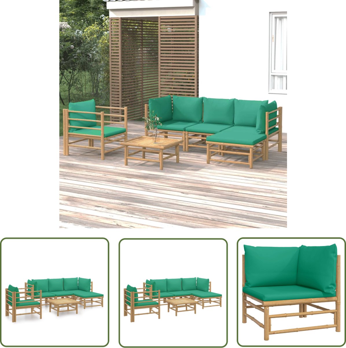 The Living Store 6-delige Loungeset met kussens bamboe groen - Bamboetuinmeubel - Lounge Set - Buitenspeeltuin - Loungestoel - Outdoor Furniture Loungeset van bamboe in groen met kussens - Buitenspeeltuin meubel.